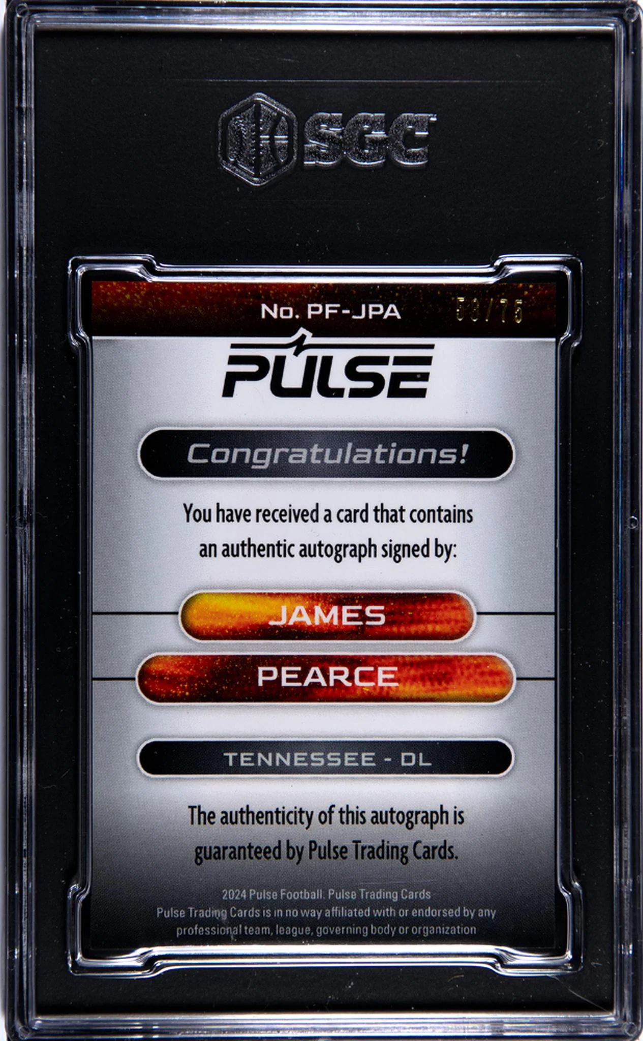 2024 Pulse Premiere #PF-JPA James Pearce Auto. /75 /75 SGC 9 - Image 2