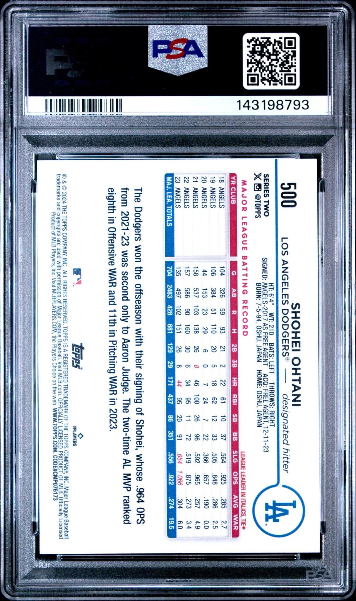 2024 Royal Blue Shohei Ohtani #500 PSA 8 - Image 2