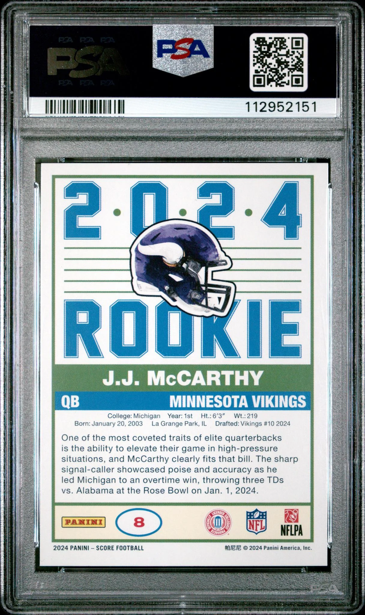 2024 Score Rookie 35th Anniversary JJ Mccarthy #8 PSA 10 - Image 2