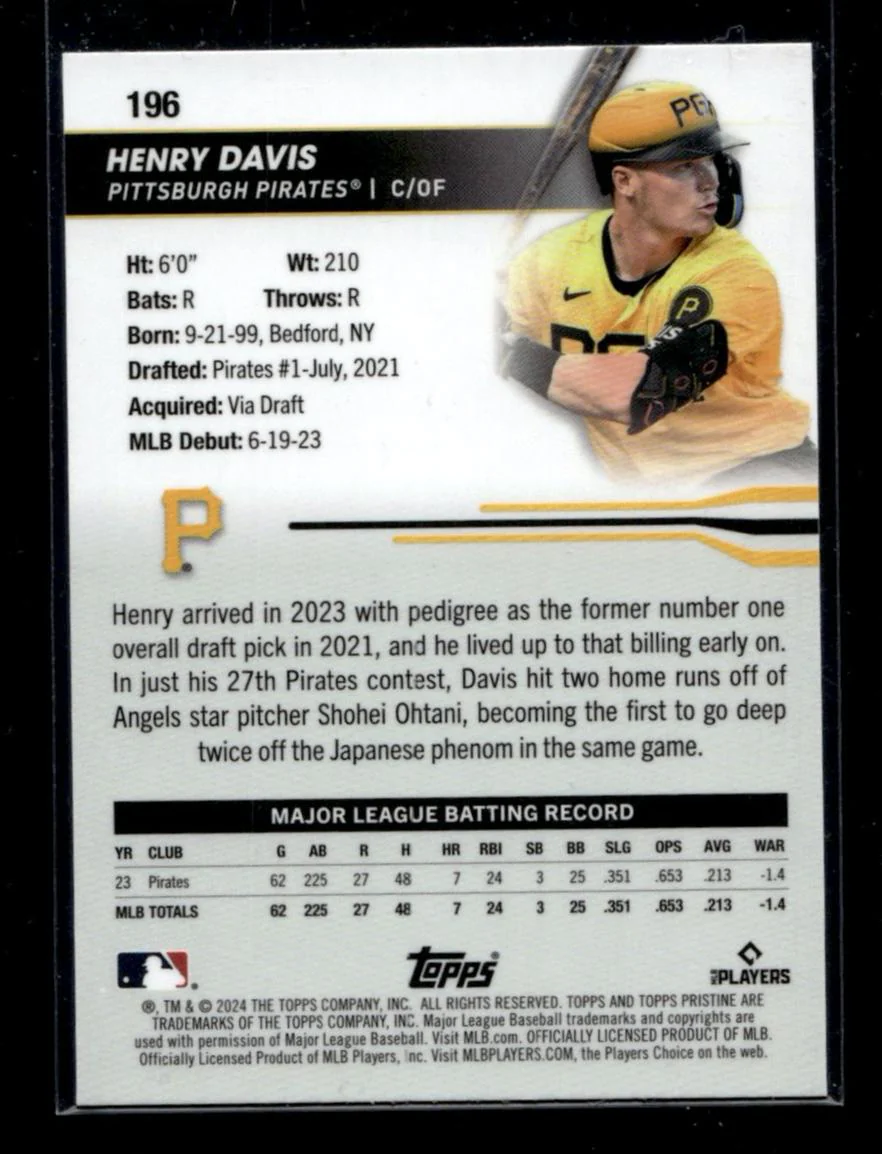 2024 Topps Pristine Henry Davis #196 RC /25 - Image 2