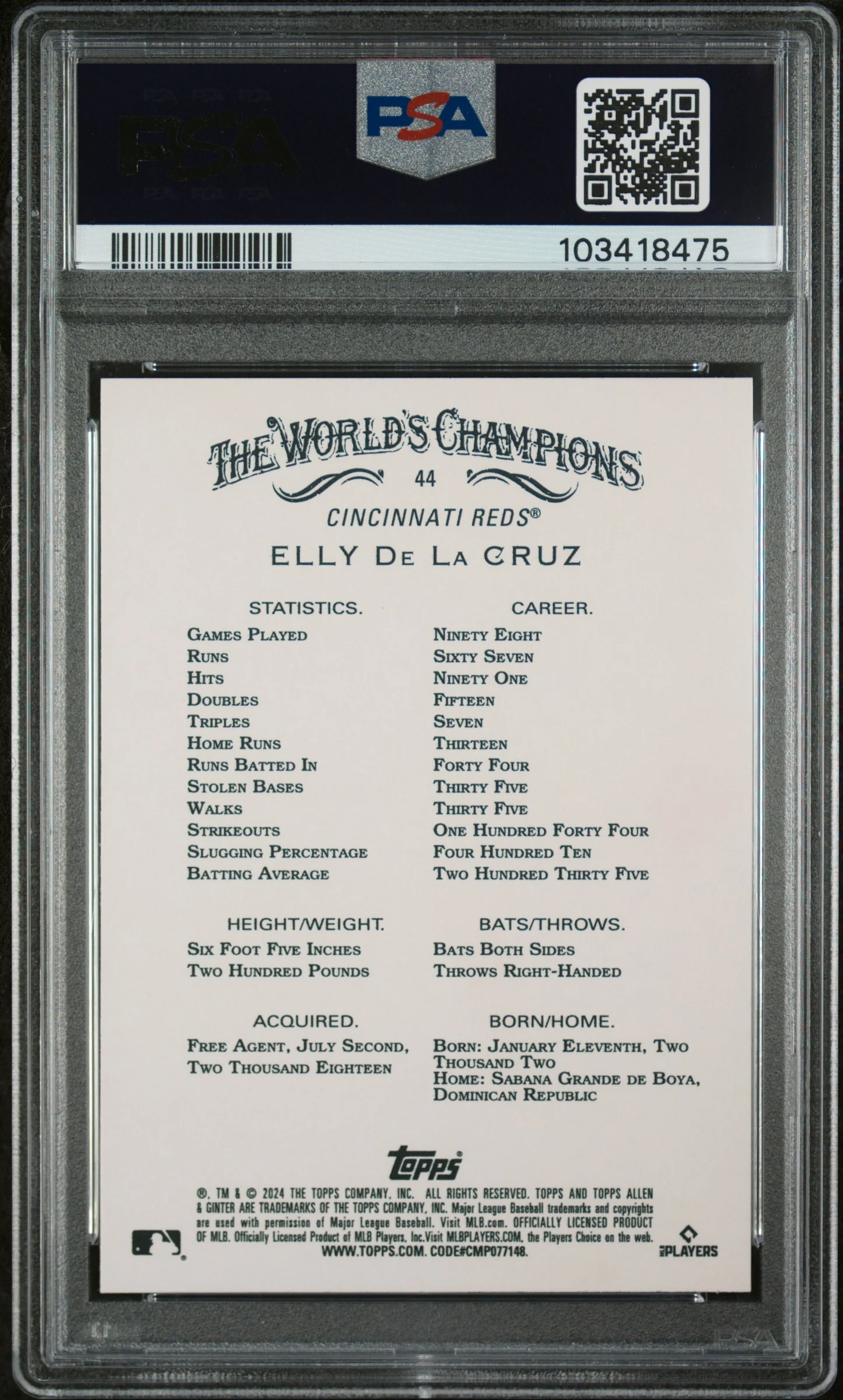 2024 Topps Allen and Ginter Silver Portrait Elly De La Cruz #44 PSA 10 - Image 2