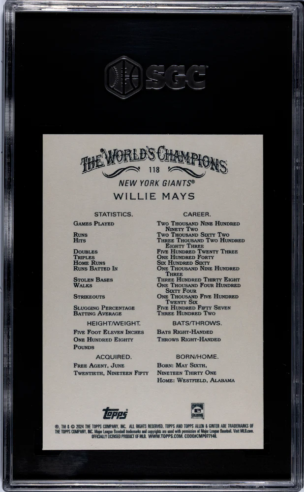 2024 Topps Allen & Ginter #118 Willie Mays SGC 10 - Image 2