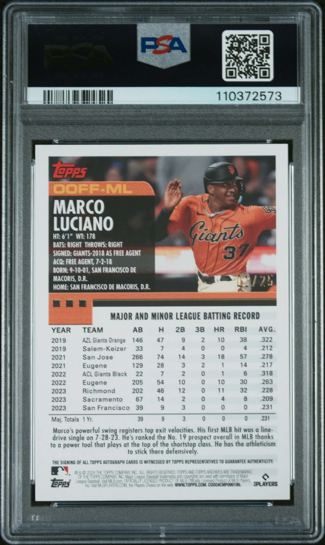 2024 Topps Archives Blue Foil Marco Luciano #00FFML RC Auto /25 PSA 10 - Image 2