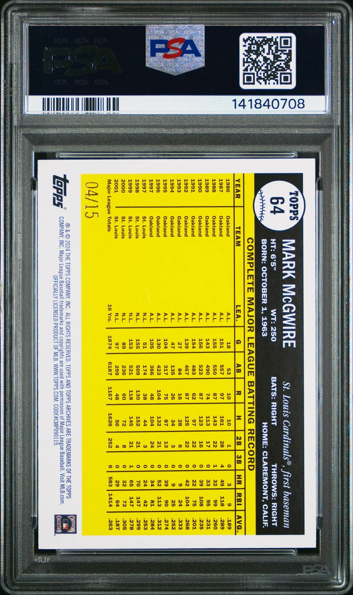 2024 Topps Archives Orange Hot Foilboard Mark Mcgwire #64 /15 PSA 9 - Image 2