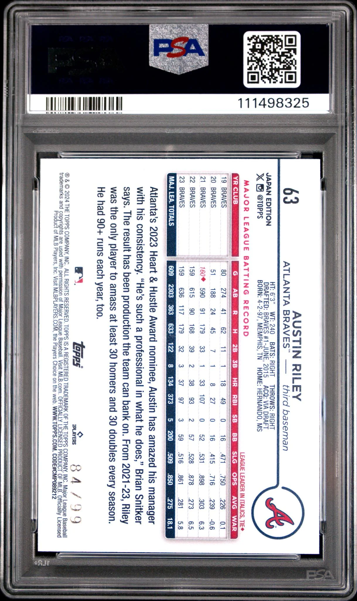 2024 Topps Baseball Japan Edition Cherry Blossoms Austin Riley #63 /99 PSA 10 - Image 2