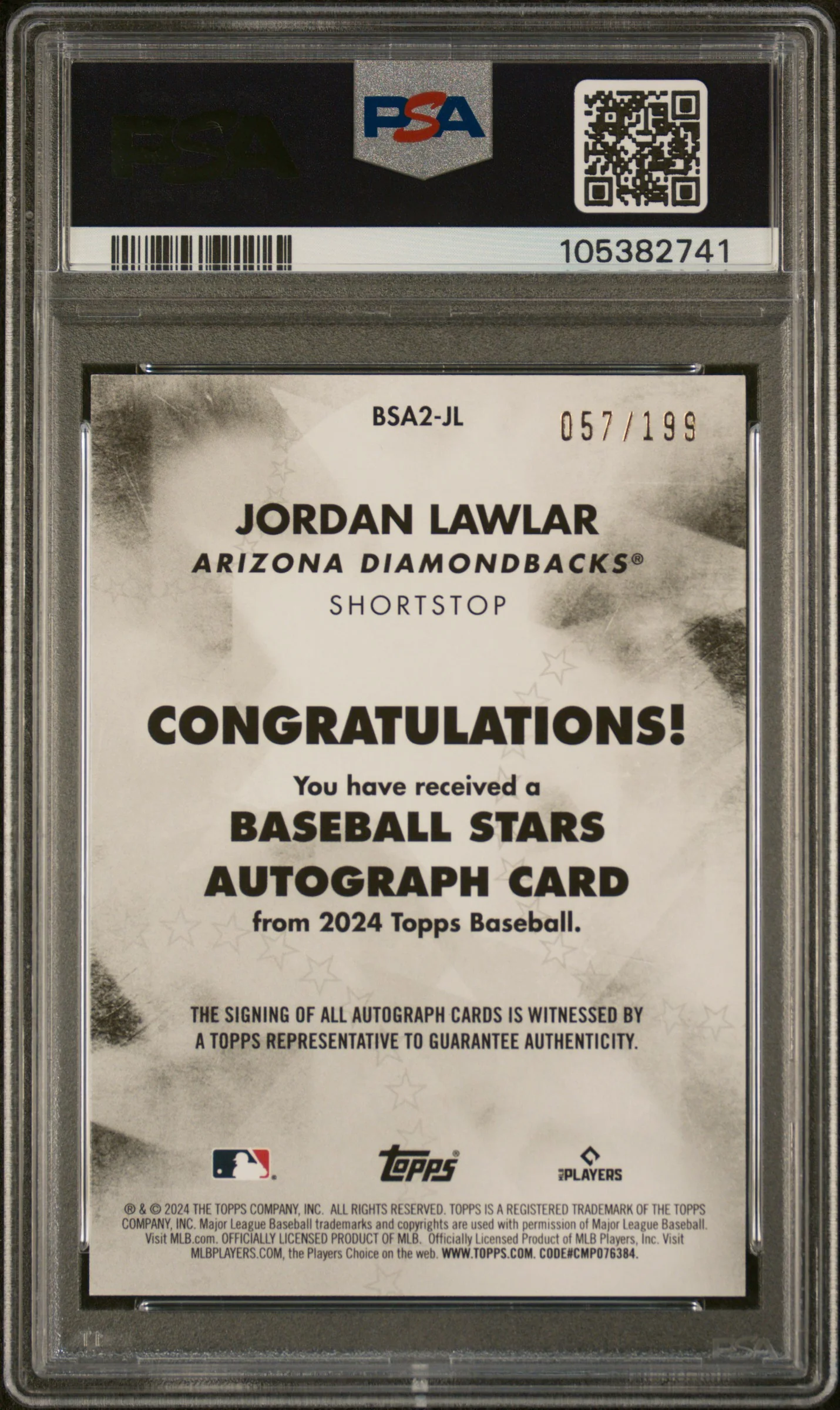 2024 Topps Baseball Stars Auto Black Jordan Lawlar #BSA2JL RC /199 PSA 9 - Image 2