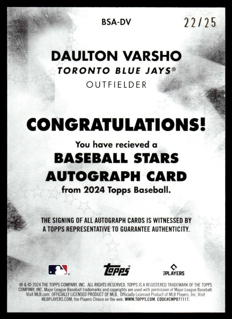 2024 Topps Baseball Stars Daulton Varsho #BSA-DV Auto /25 - Image 2