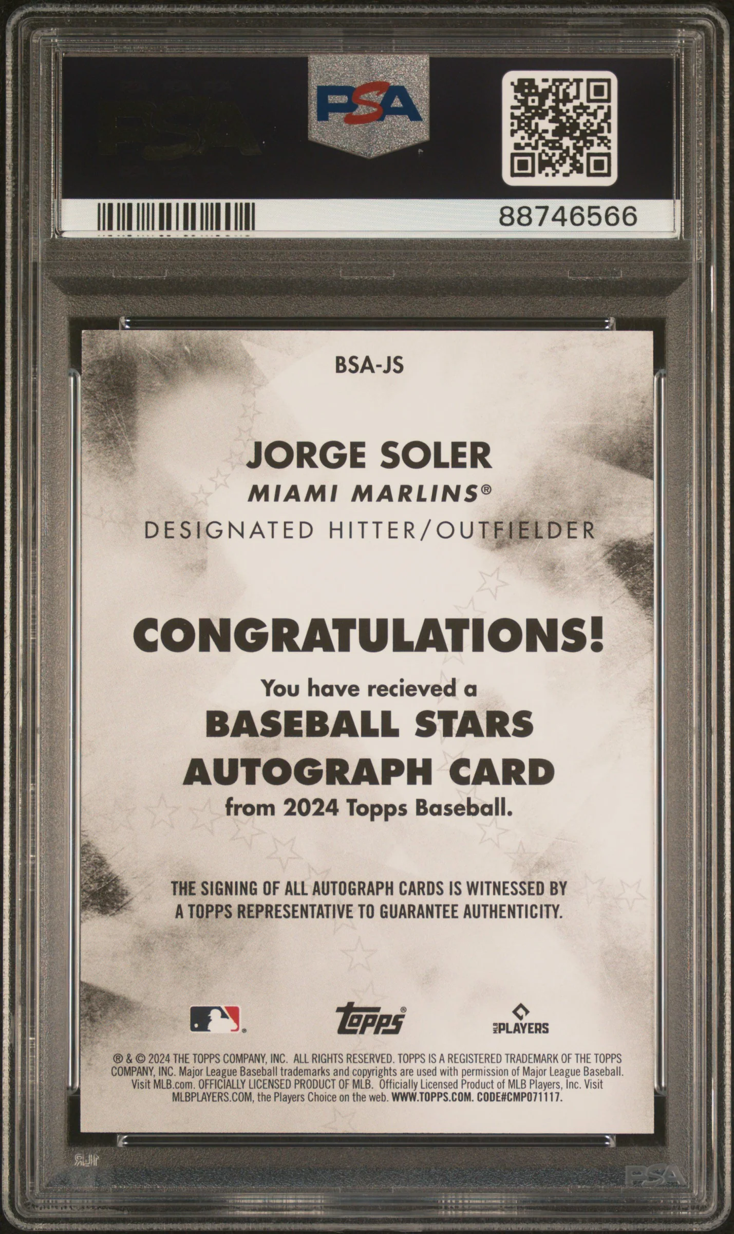 2024 Topps Baseball Stars Autograph Jorge Soler #BSA-JS Auto PSA 9 - Image 2