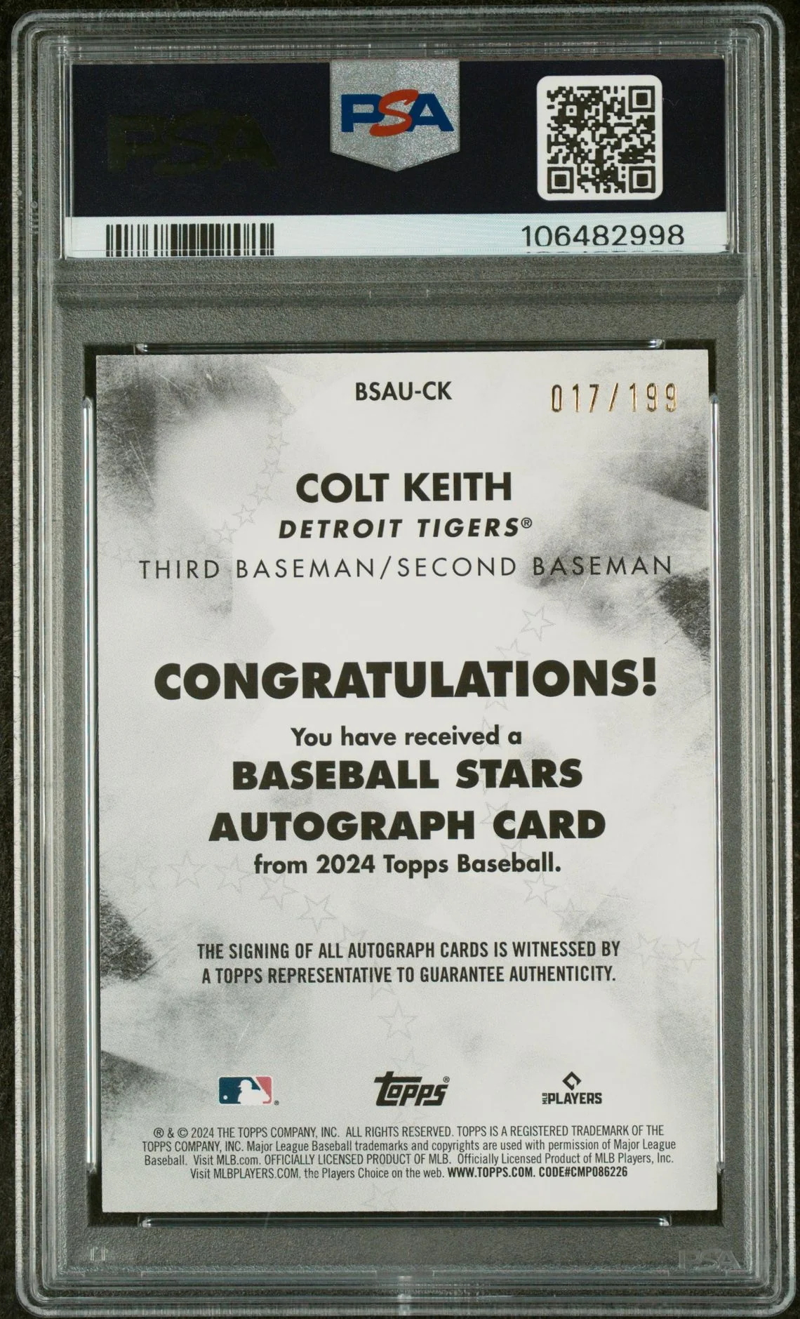 2024 Topps Baseball Stars Auto-Black Colt Keith #CK RC /199 PSA 9 - Image 2