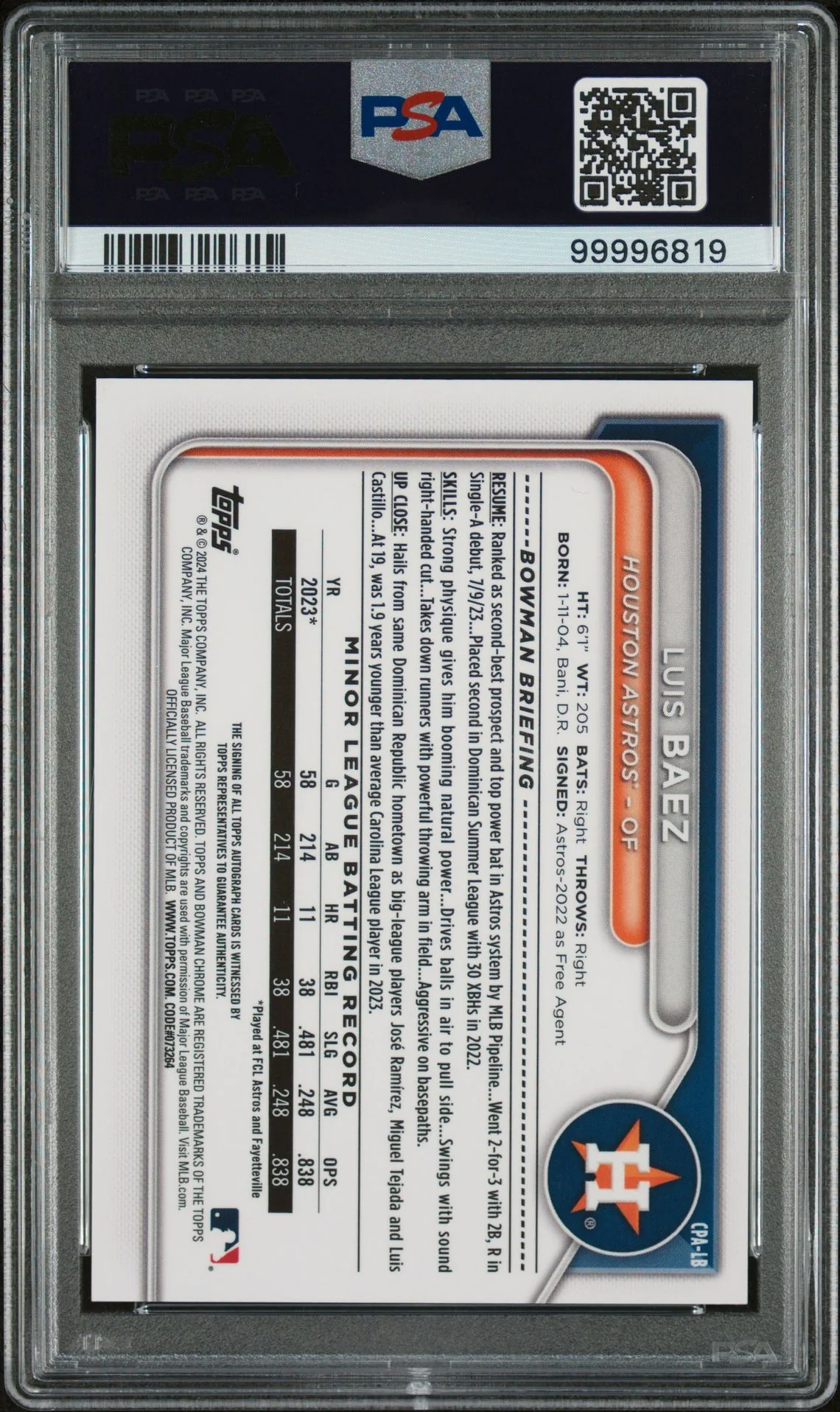 2024 Topps Bowman Chrome Green Grass Refractor Luis Baez #CPA-LB Auto /99 PSA 9 - Image 2