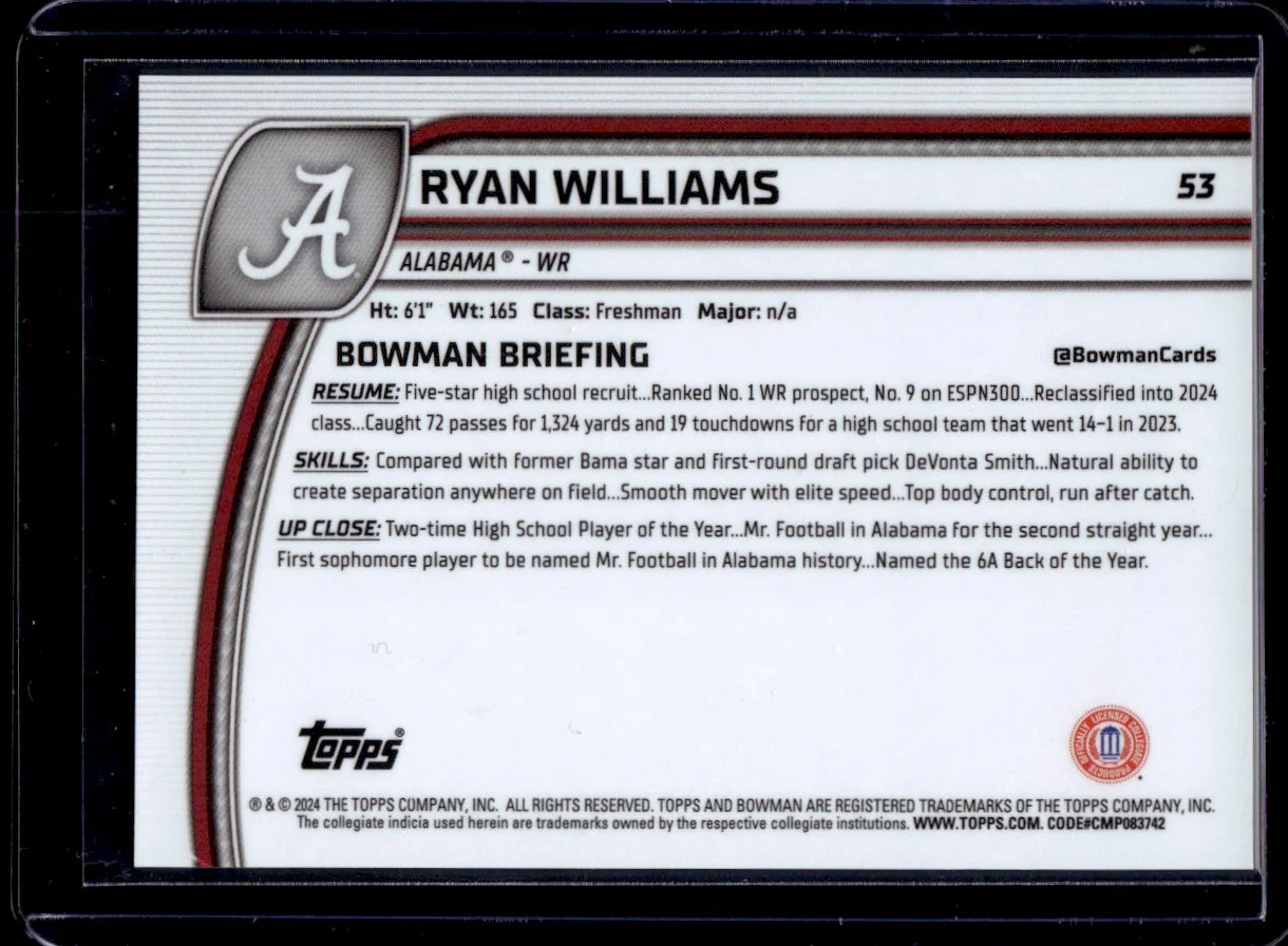 2024 Topps Bowman Chrome U Aqua Refractor Ryan Williams #53 1st Bowman /499 - Image 2