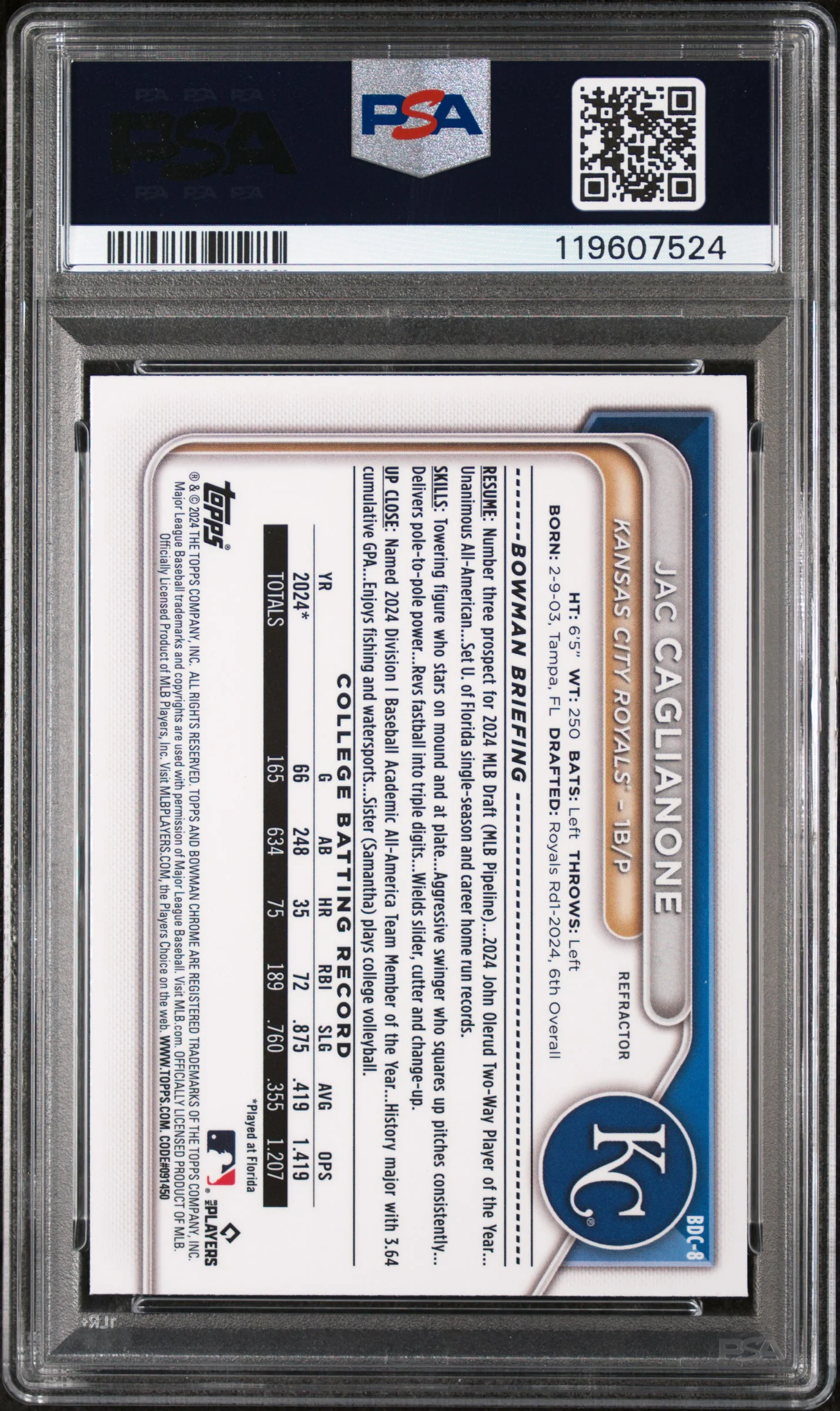 2024 Topps Bowman Draft Chrome Refractor Jac Caglianone #BDC8 PSA 8 - Image 2