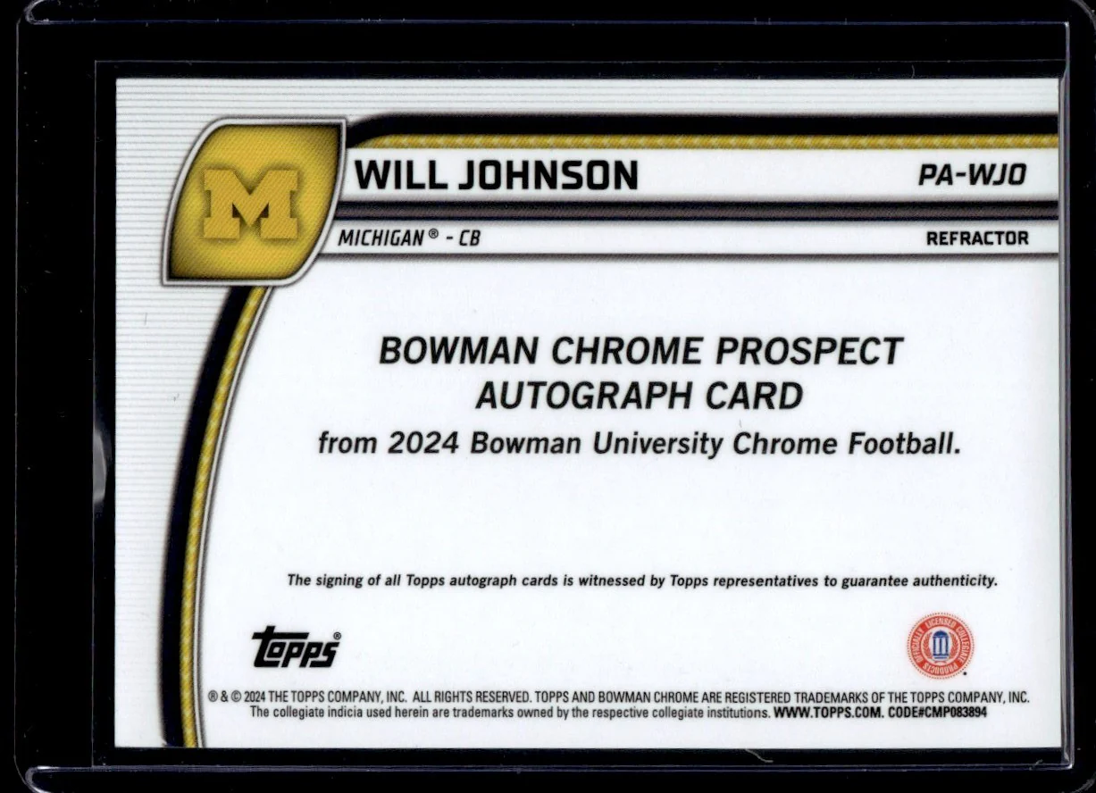 2024 Topps Bowman U Chrome Refractor Will Johnson #PA-WJO Auto /299 - Image 2