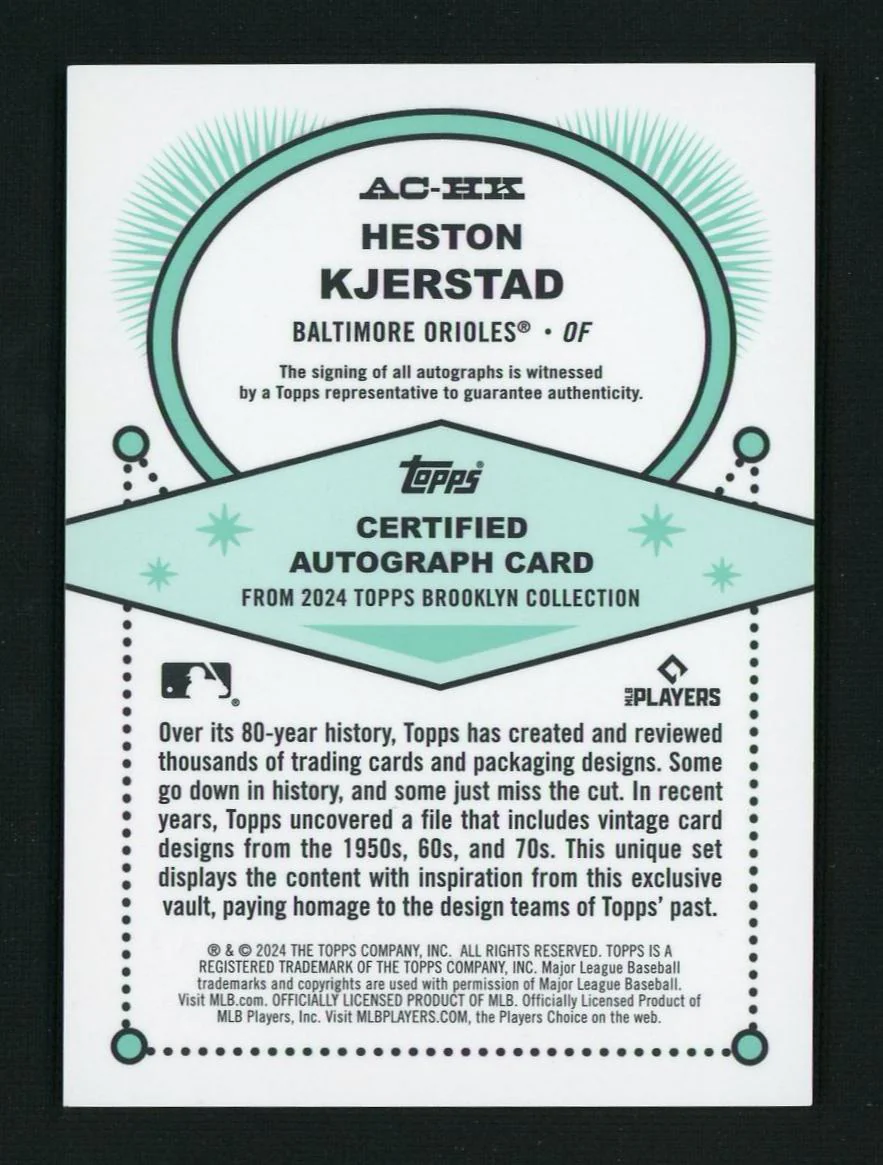 2024 Topps Brooklyn Collection AC-HK Heston Kjerstad Rookie /40 Baltimore Orioles Auto - Image 2