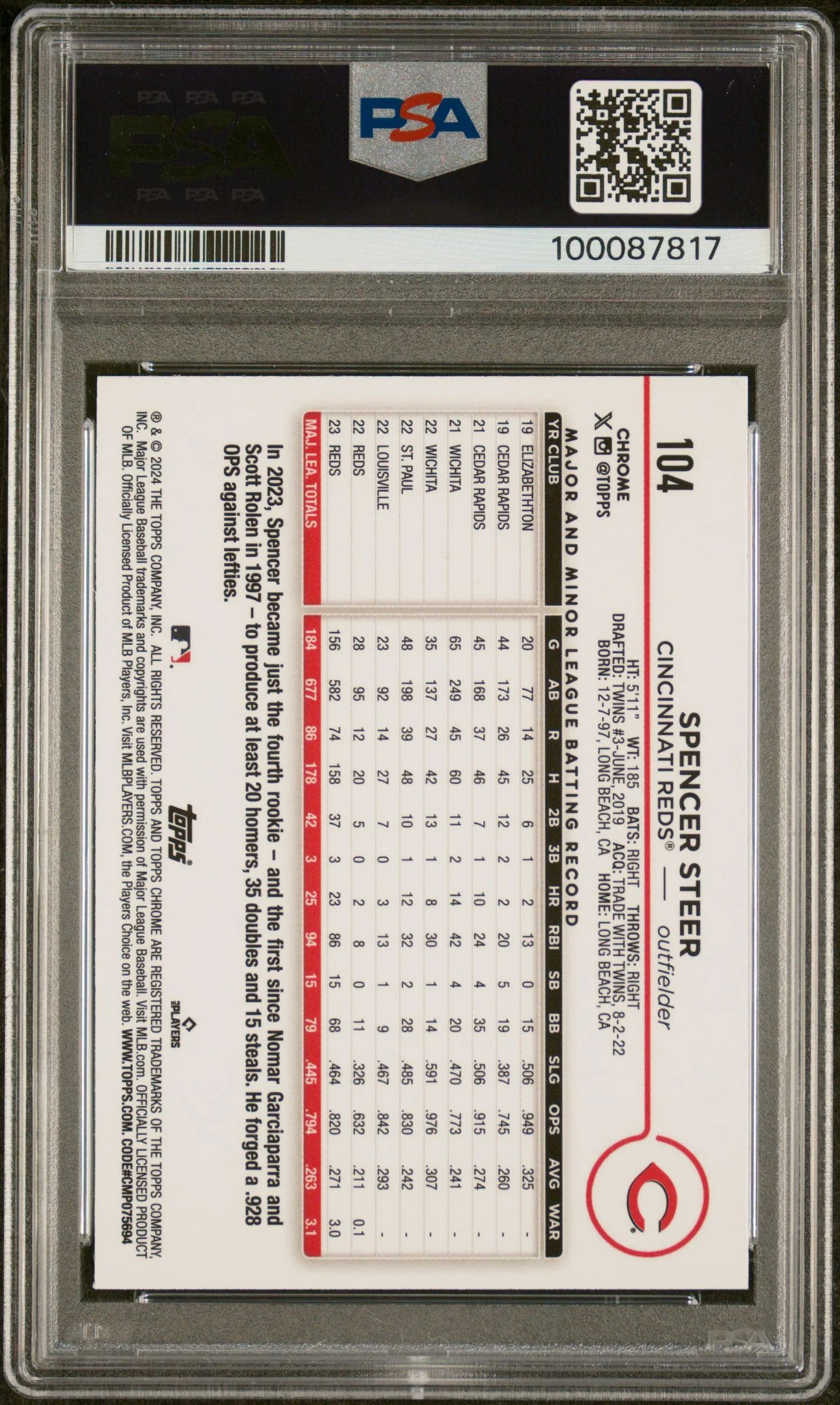 2024 Topps Chrome Raywave Spencer Steer #104 RC PSA 10 - Image 2