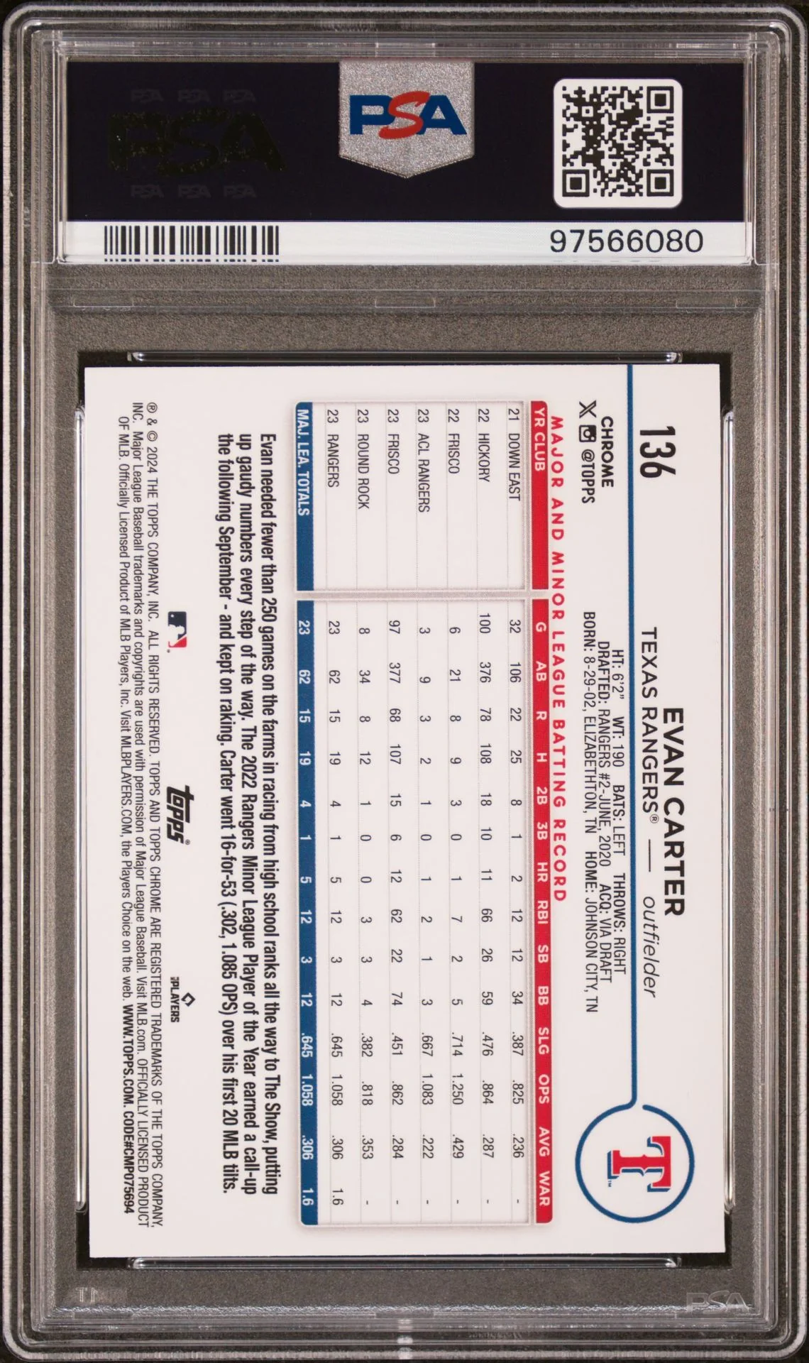 2024 Topps Chrome Purple Speckle Evan Carter #136 RC PSA 9 - Image 2