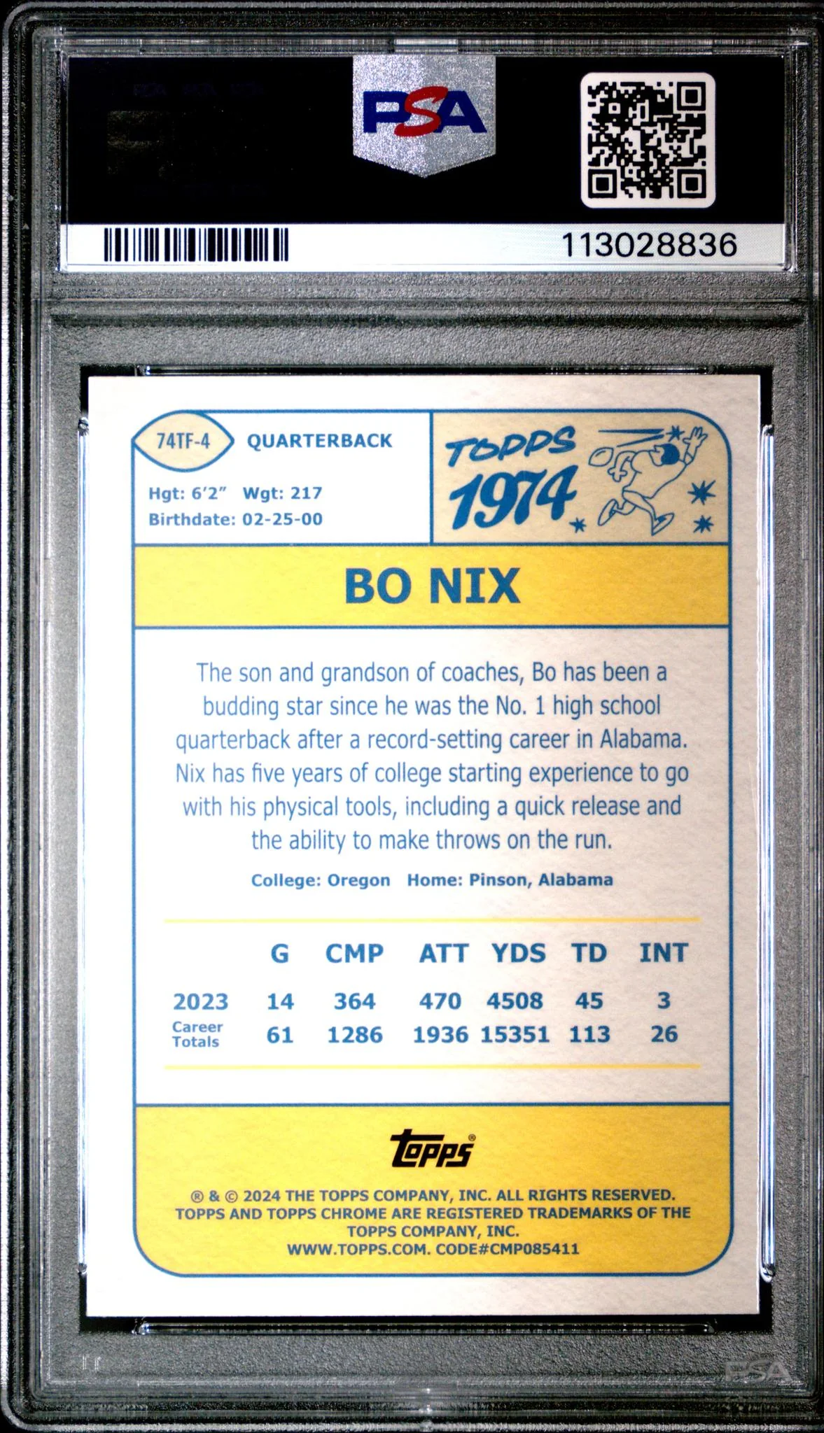 2024 Topps Chrome 1974 Topps Football Pink Refractor Bo Nix #74TF4 PSA 9 - Image 2
