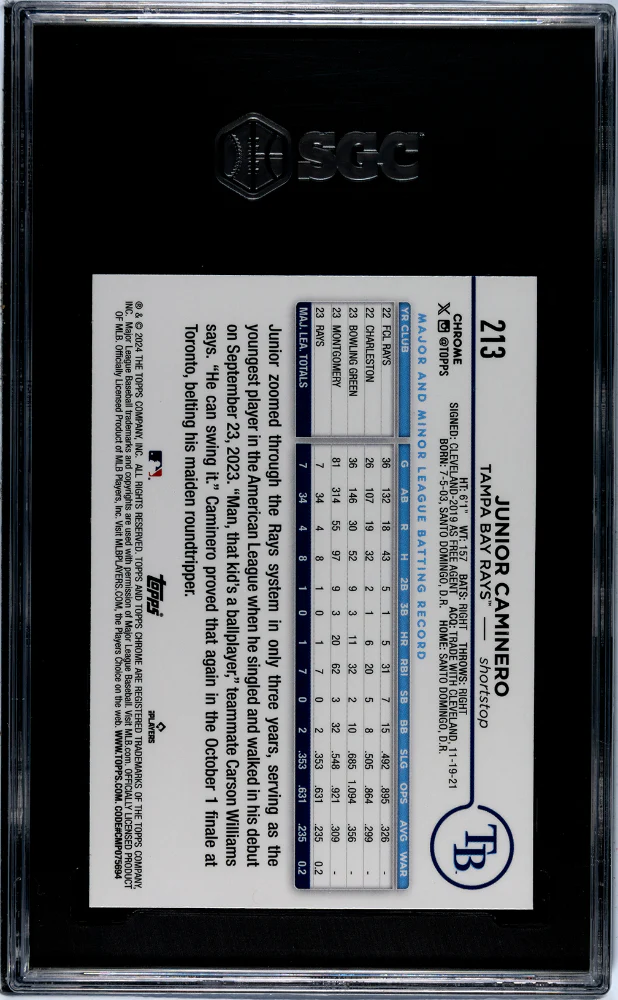 2024 Topps Chrome Junior Caminero #213 RC SGC 9 - Image 2