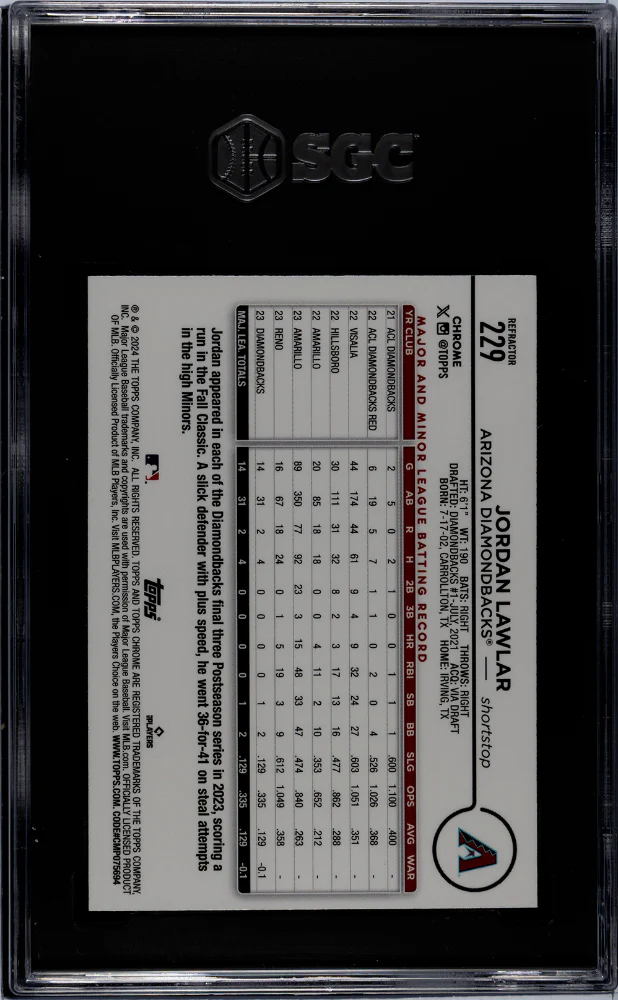 2024 Topps Chrome Refractor Jordan Lawlar #229 RC SGC 8.5 - Image 2