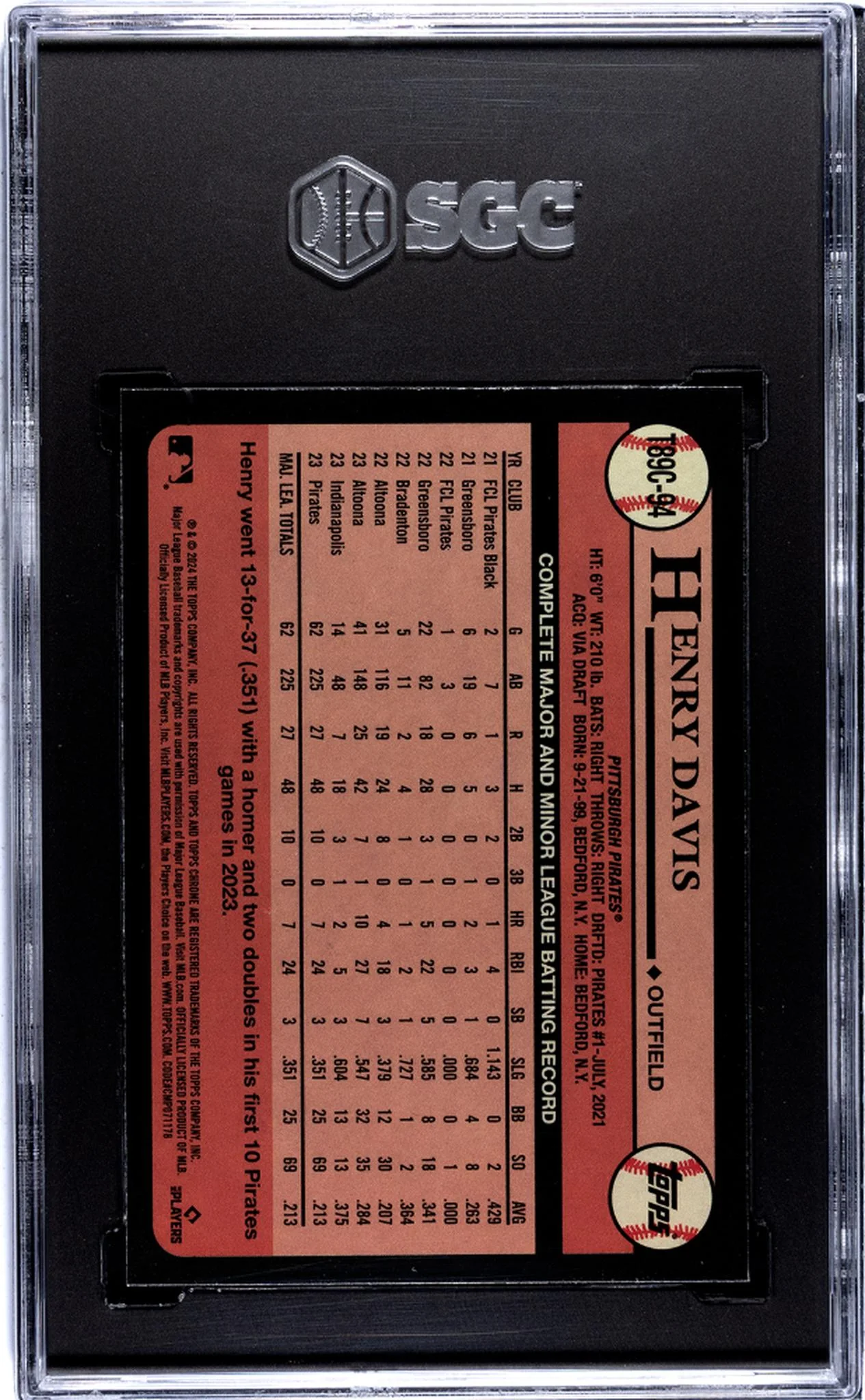 2024 Topps Chrome '89 Design Henry Davis #T89C-94 RC SGC 9 - Image 2