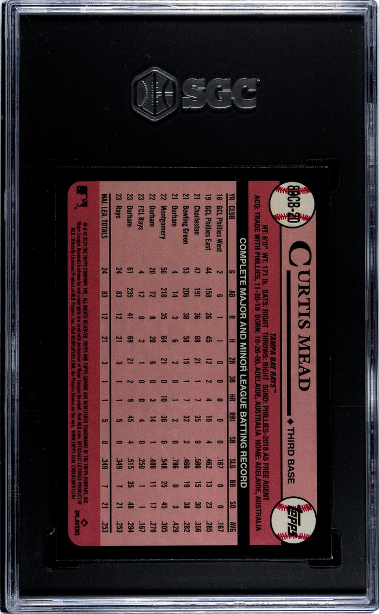 2024 Topps Chrome '89 Topps Curtis Mead #89CB-20 RC SGC 9 - Image 2