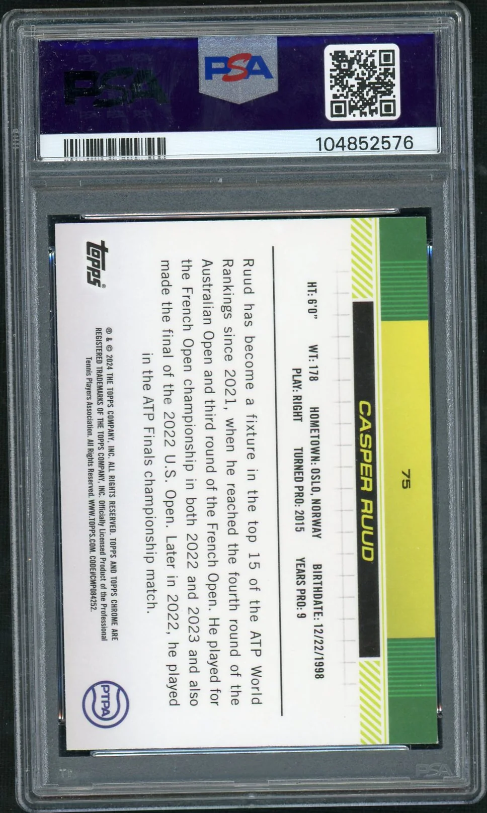 2024 Topps Chrome Blue Refractor Casper Ruud #75 /250 PSA 10 - Image 2
