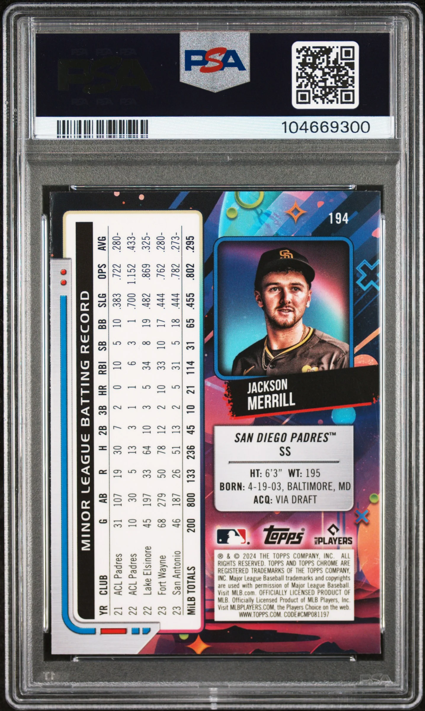 2024 Topps Chrome Cosmic Aqua Equinox Refractor Jackson Merrill #194 /199 PSA 10 - Image 2