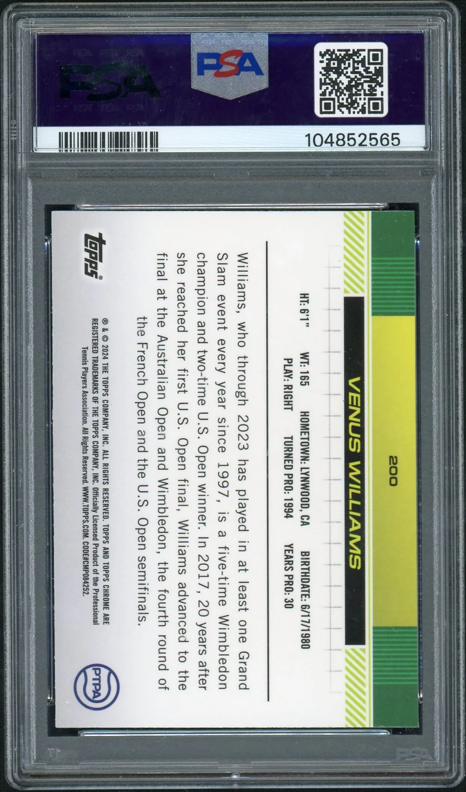 2024 Topps Chrome Green Grass Court Refractor Venus Williams #200 /99 PSA 10 - Image 2