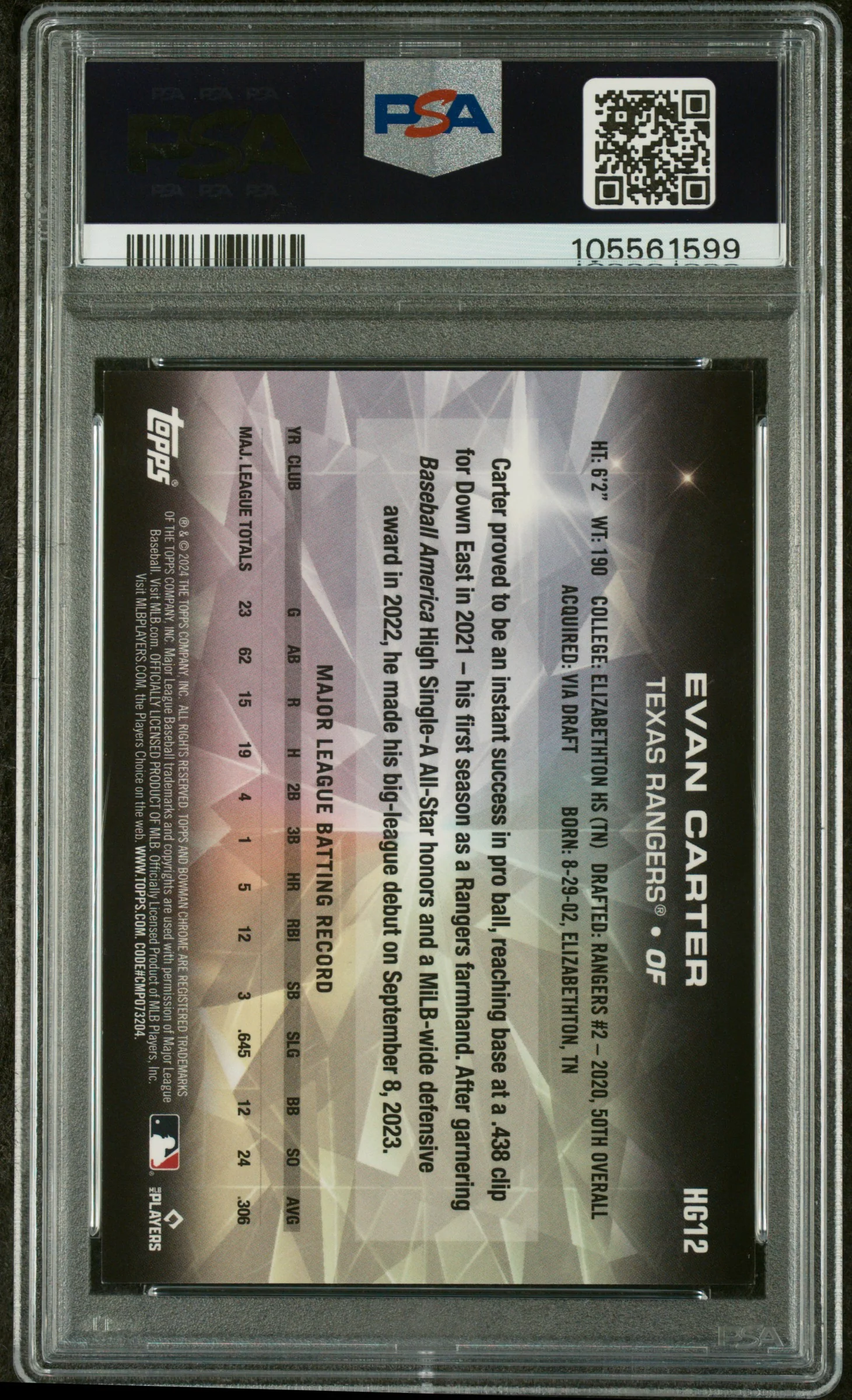 2024 Topps Chrome Hidden Gems Evan Carter #HG12 RC PSA 9 - Image 2