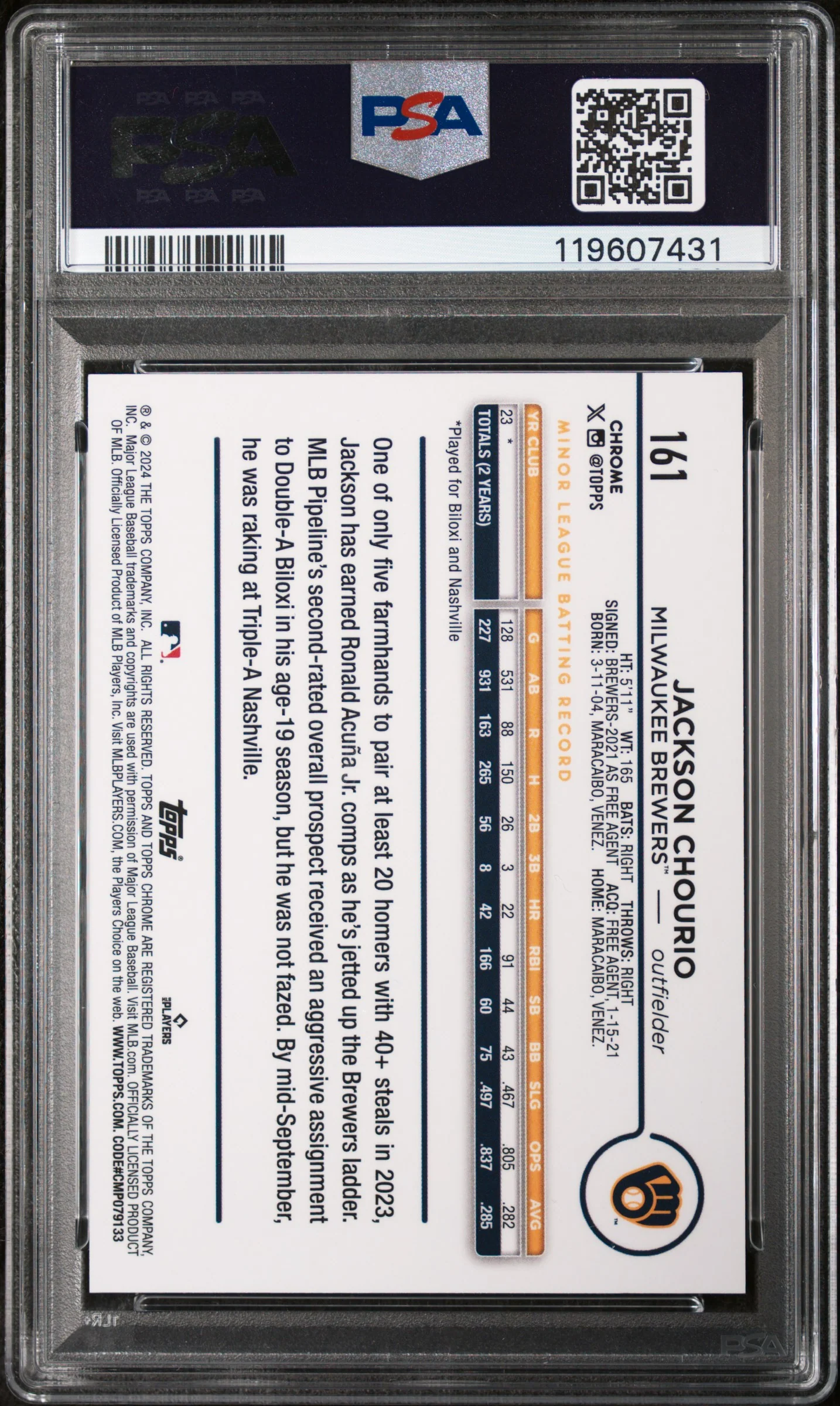 2024 Topps Chrome Logofractor Edition Black Refractor Jackson Chourio #161 /10 PSA 9 - Image 2