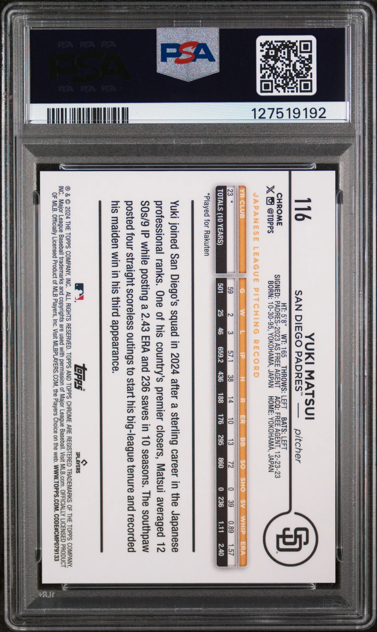 2024 Topps Chrome Logofractor Edition Black Refractor Yuki Matsui #116 /10 PSA 9 - Image 2