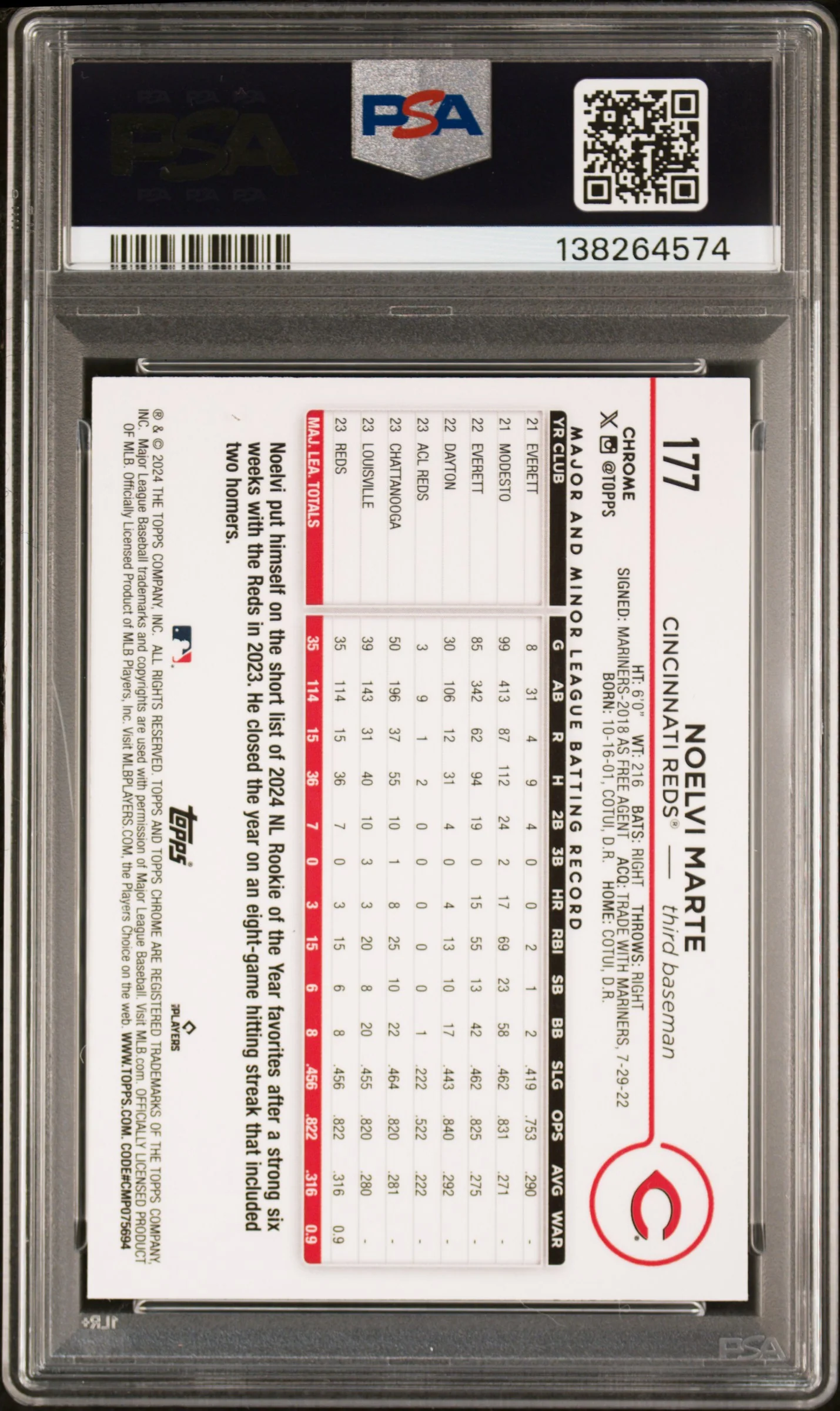 2024 Topps Chrome Magenta Speckle Refractor Noelvi Marte #177 PSA 10 - Image 2