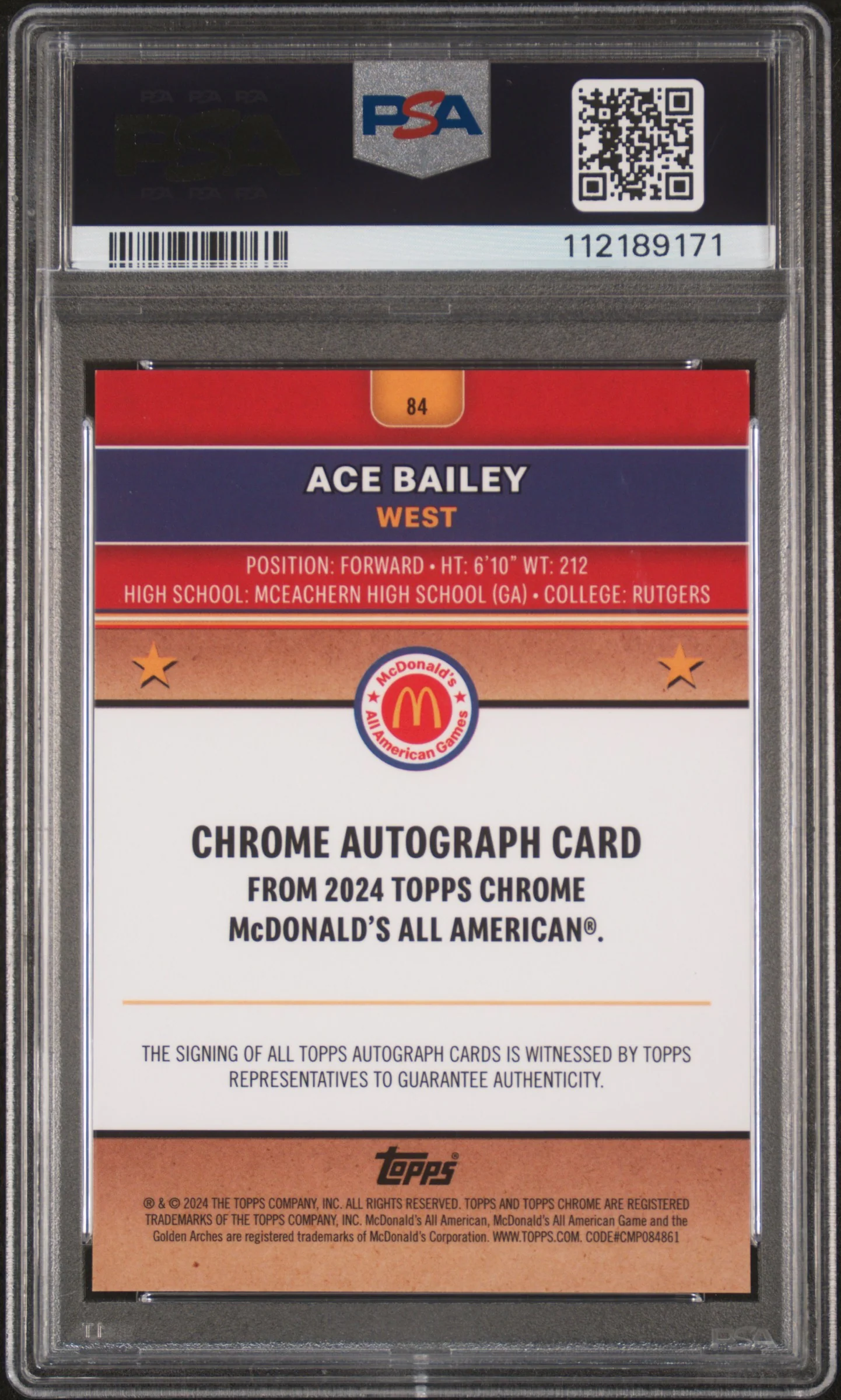 2024 Topps Chrome Mcdonald's All American Autograph-Mcdonald's Logo Refractor Ace Bailey #84 /75 PSA 9 - Image 2