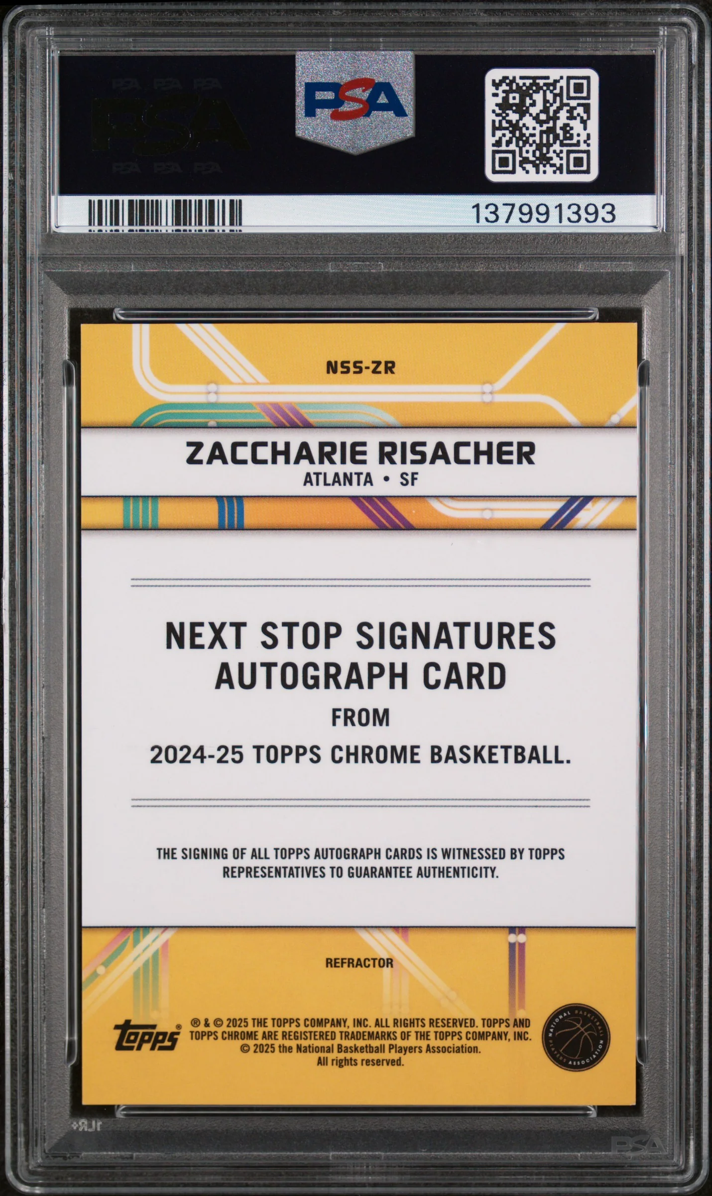 2024 Topps Chrome Next Stop Signatures Refractor Zaccharie Risacher #NSSZR PSA 9 - Image 2