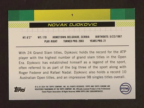 2024 Topps Chrome Tennis #1 Novak Djokovic Pink /65 - Image 2
