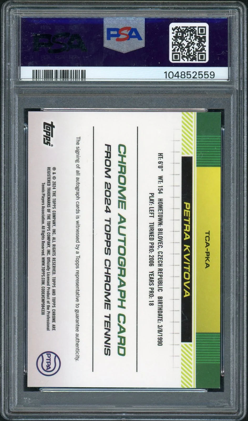 2024 Topps Chrome Orange Refractor Petra Kvitova #TCA-PKA Auto /25 PSA 10 - Image 2