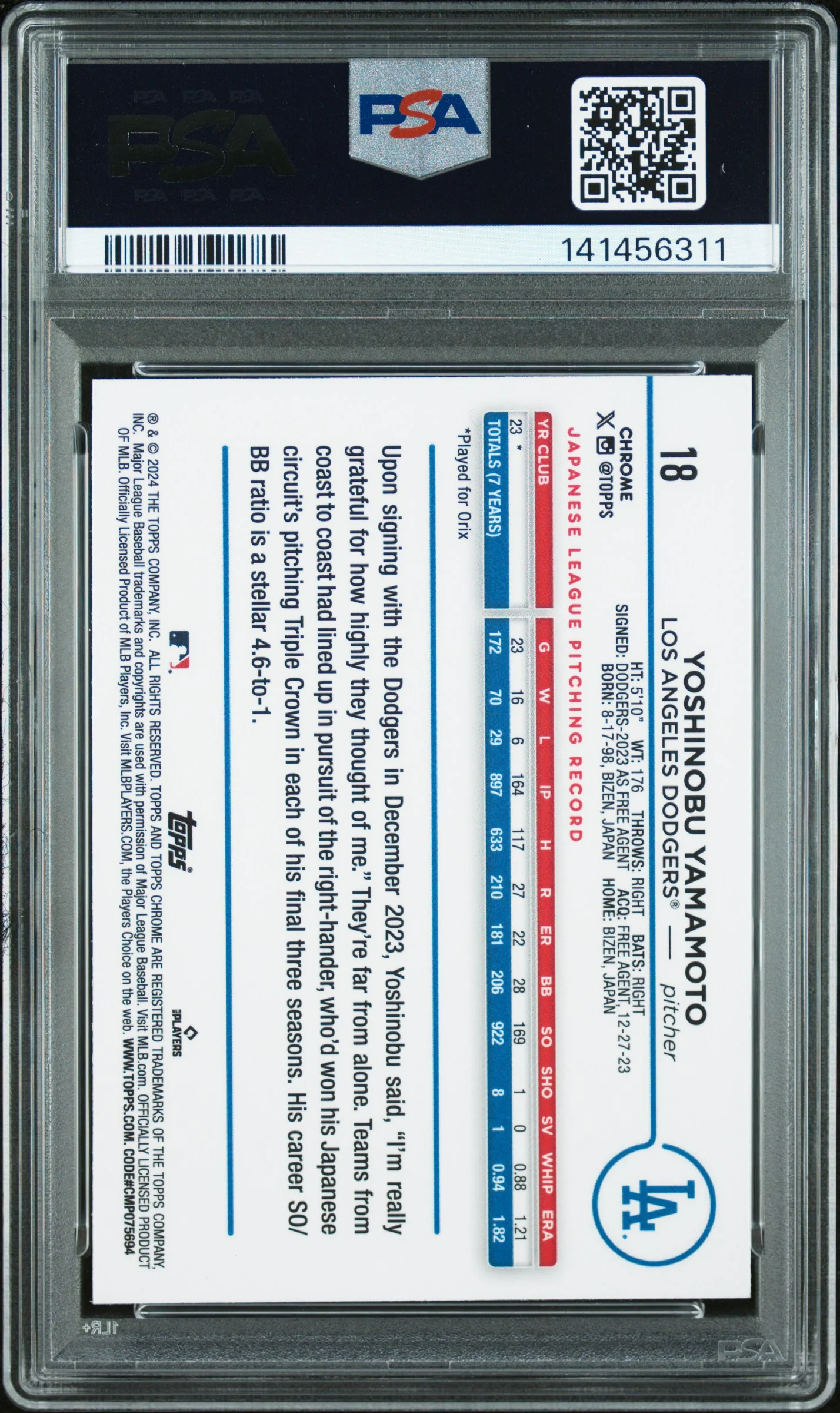 2024 Topps Chrome Pink Refractor Yoshinobu Yamamoto #18 PSA 9 - Image 2