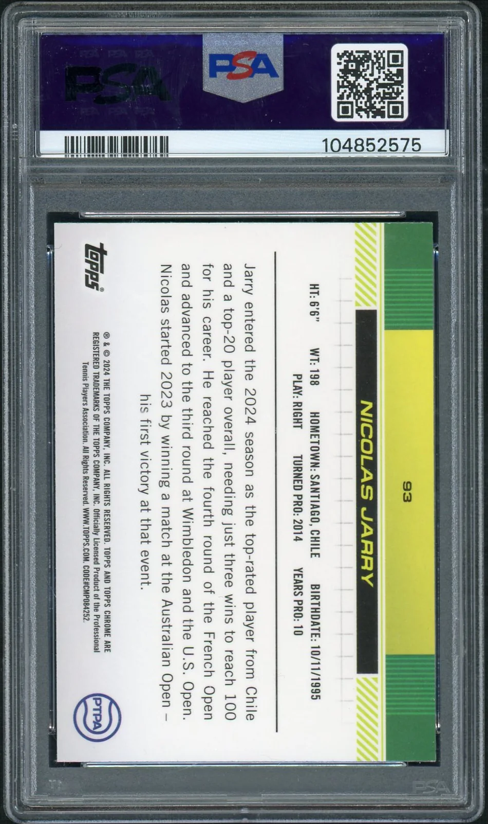 2024 Topps Chrome Purple/Green Refractor Nicolas Jarry #93 /150 PSA 10 - Image 2