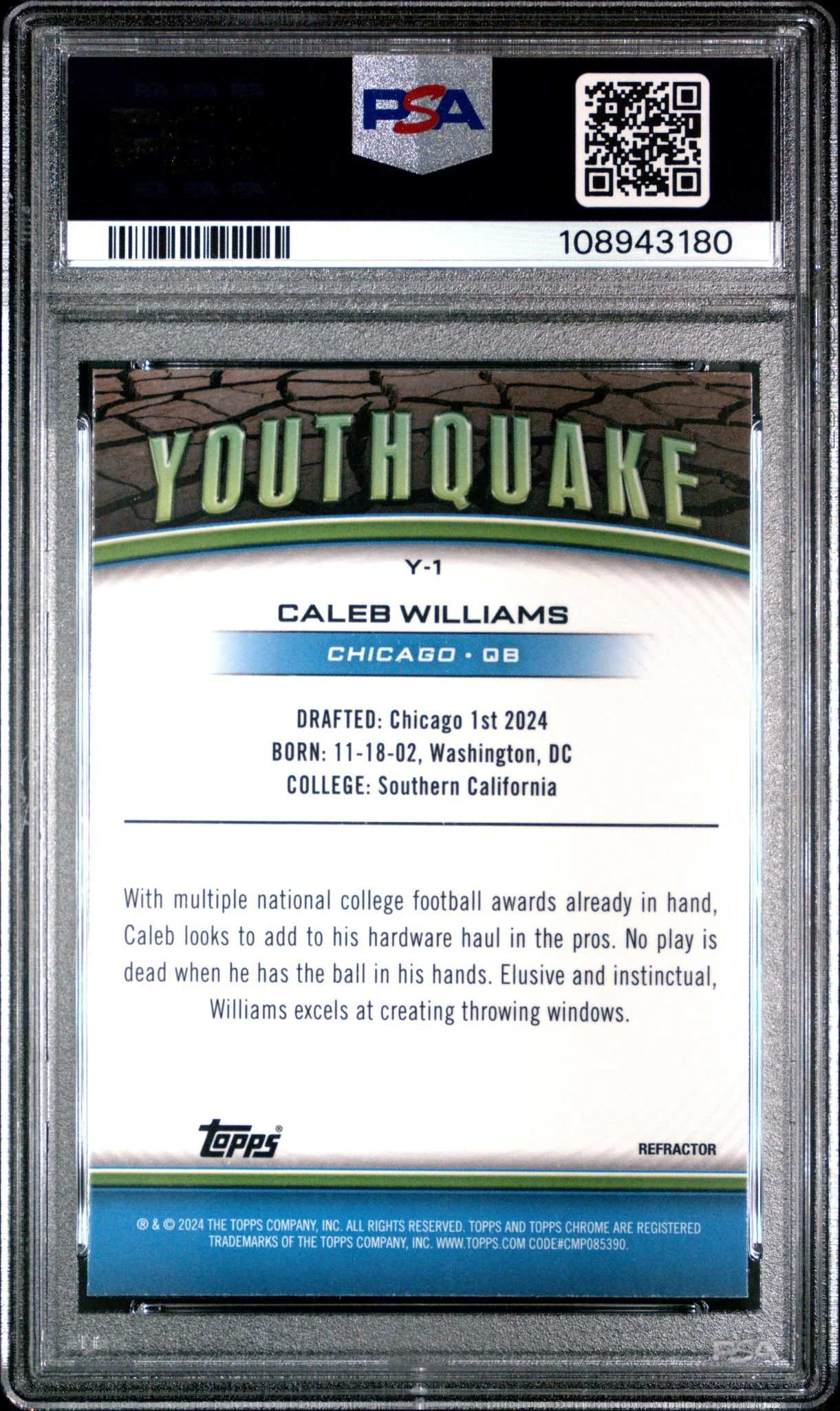 2024 Topps Chrome Refractor Caleb Williams #Y-1 PSA 10 - Image 2