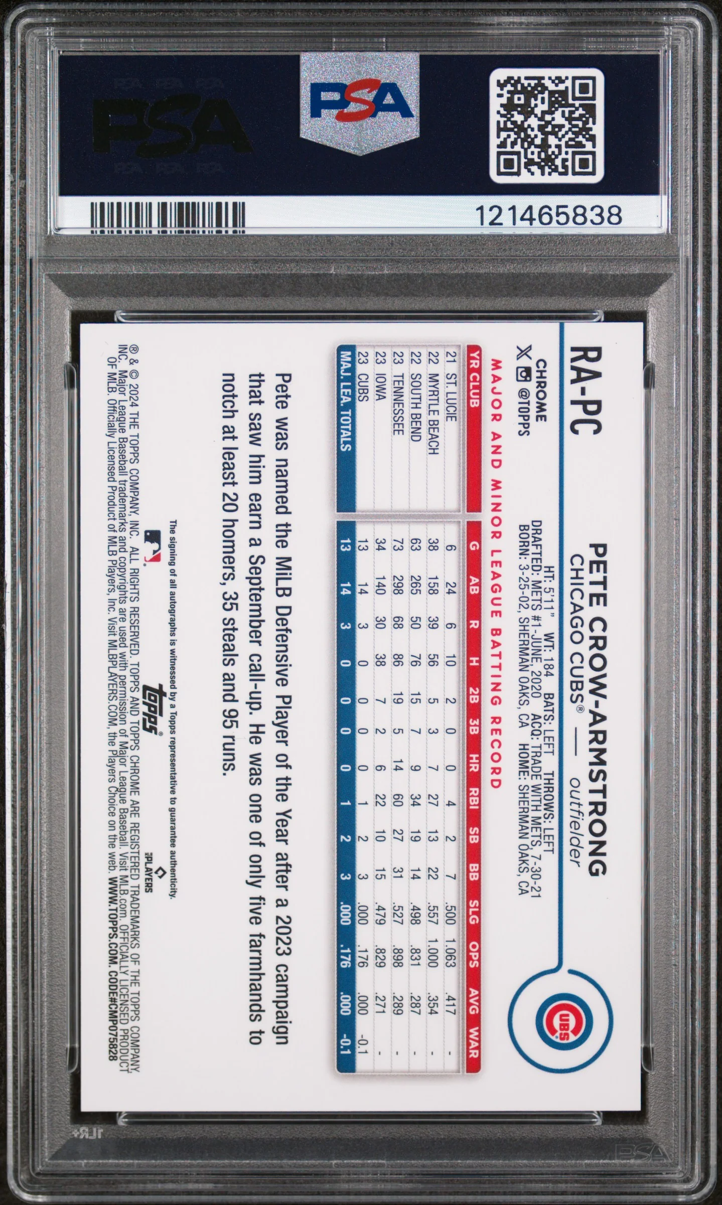 2024 Topps Chrome Rookie Autograph Pete Crow-Armstrong #RA-PC PSA 9 - Image 2