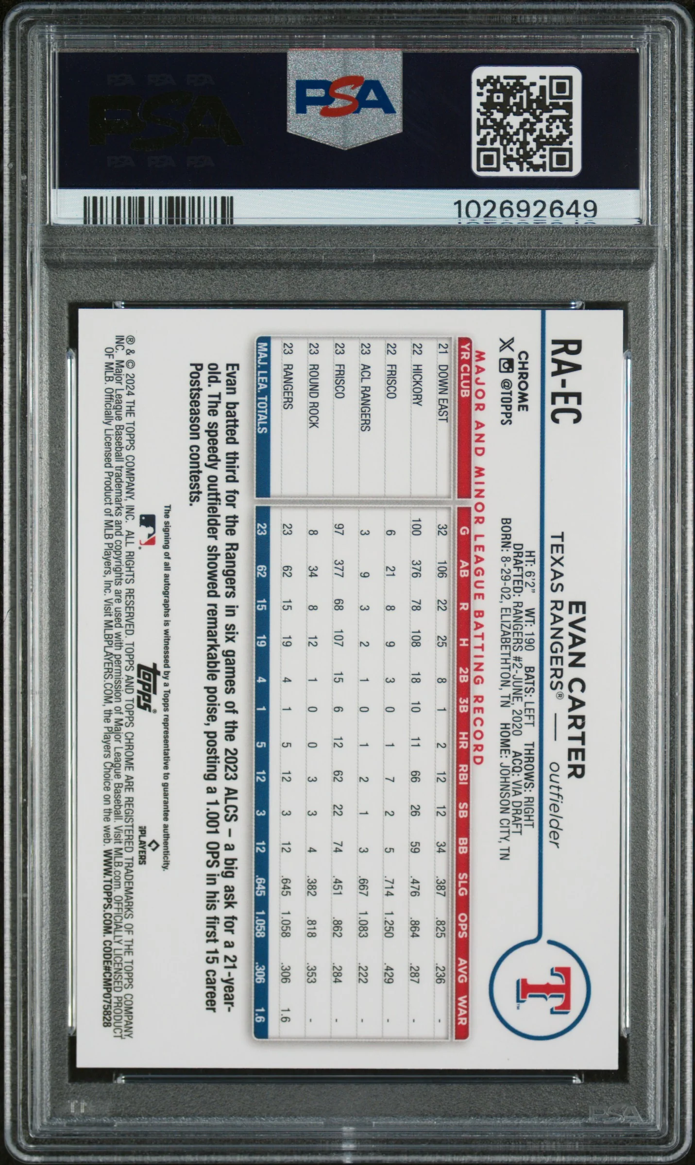 2024 Topps Chrome Gold Refractor Evan Carter #RAEC RC Auto /50 PSA 9 - Image 2