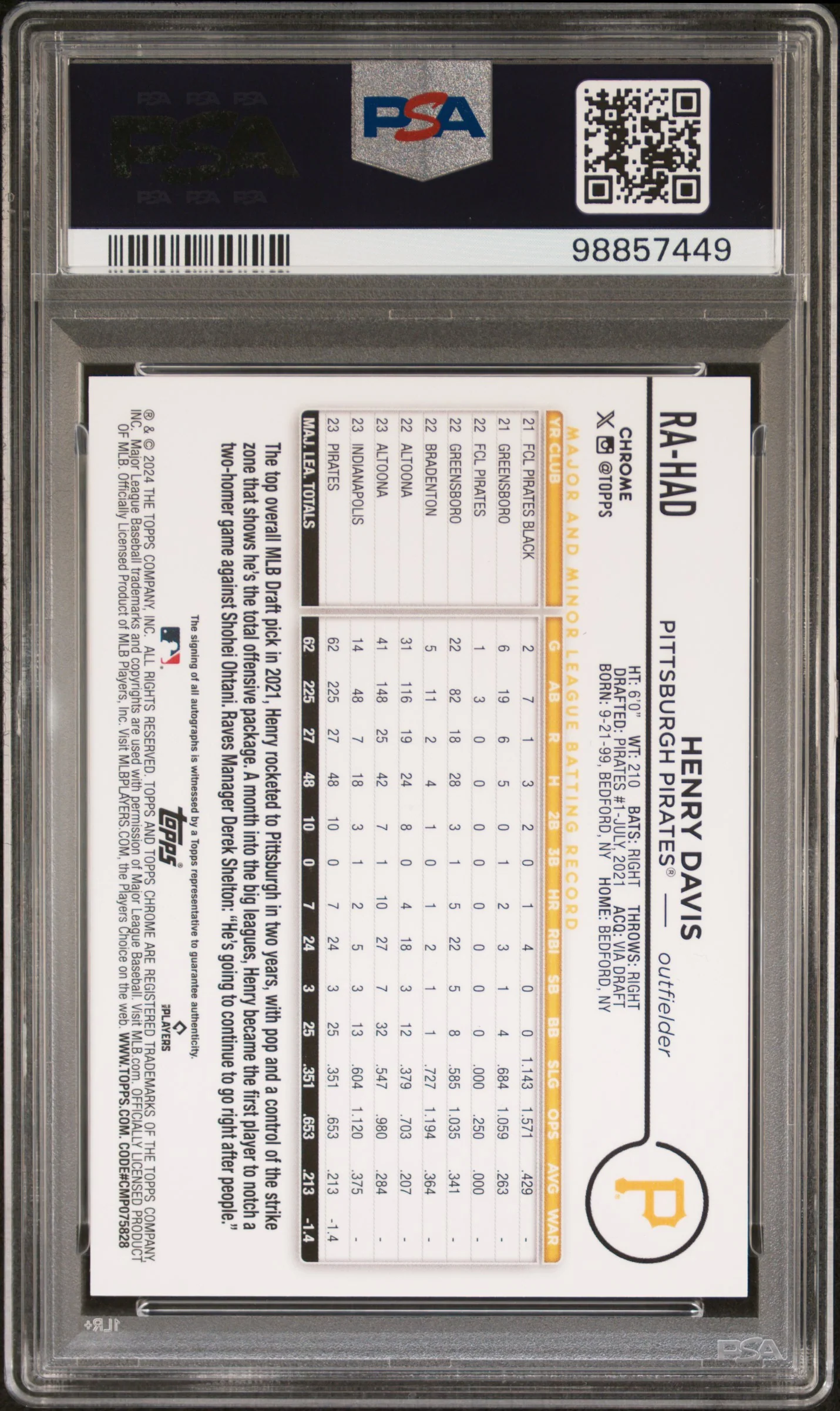 2024 Topps Chrome Rookie Autographs Rookie Auto-Aqua Wave Ref Henry Davis #RAHAD /199 PSA 9 - Image 2
