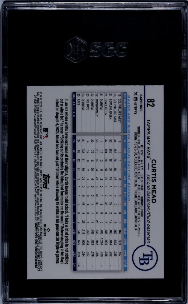 2024 Topps Chrome Sapphire #82 Curtis Mead SGC 10 - Image 2