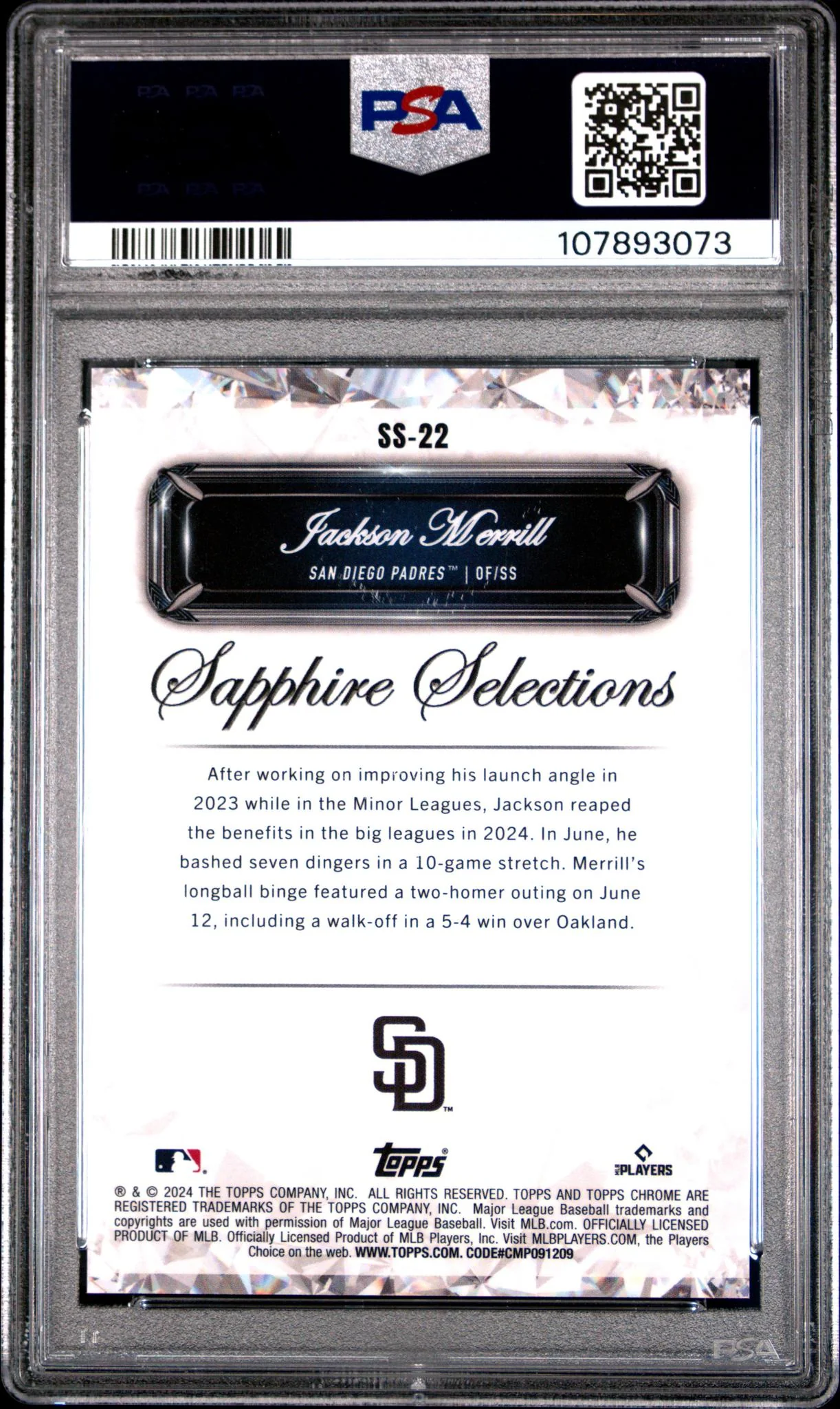 2024 Topps Chrome Sapphire Sapphire Selections Update-Red Jackson Merrill #SS22 PSA 10 - Image 2