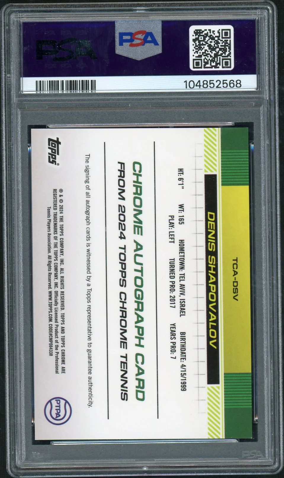 2024 Topps Chrome Tennis Autographs #TCADSV Denis Shapovalov Blue Refractor PSA 9 - Image 2