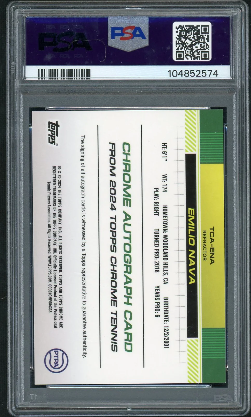 2024 Topps Chrome Tennis Autographs #TCAENA Emilio Nava Refractor PSA 10 - Image 2
