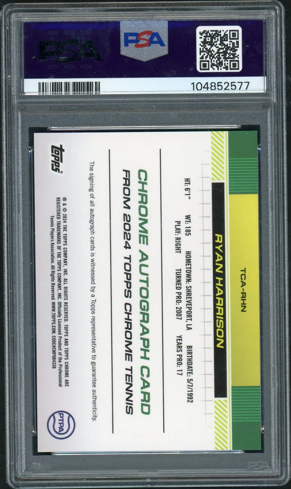 2024 Topps Chrome Tennis Blue Refractor Ryan Harrison #TCA-RHN Auto /250 PSA 9 - Image 2