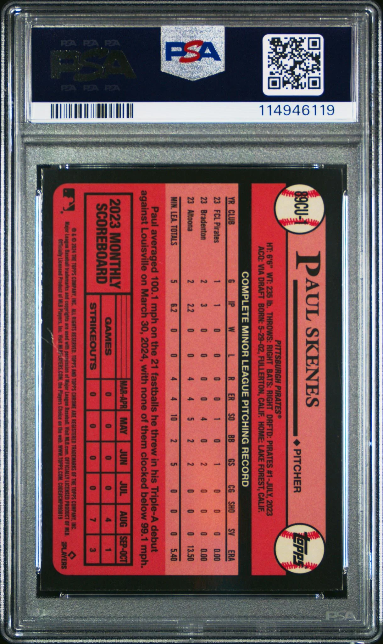 2024 Topps Chrome Update 1989 Baseball Paul Skenes #89CU1 PSA 9 - Image 2