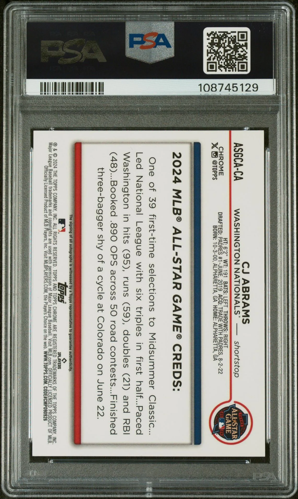 2024 Topps Chrome UPD CJ Abrams All-Star Auto Red Refractor 4/5 PSA 10 - Image 2