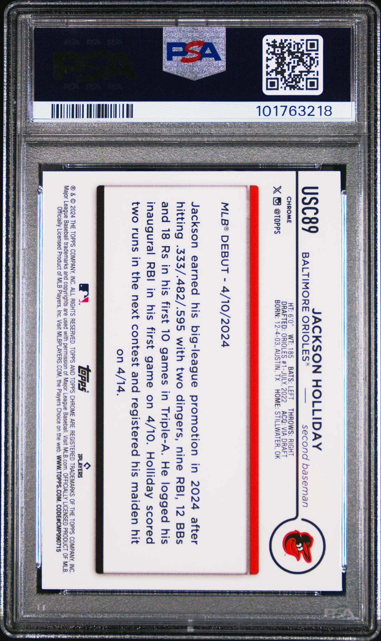 2024 Topps Chrome Update Aqua/Blue Lava Lamp Jackson Holliday #USC89 /175 PSA 10 - Image 2